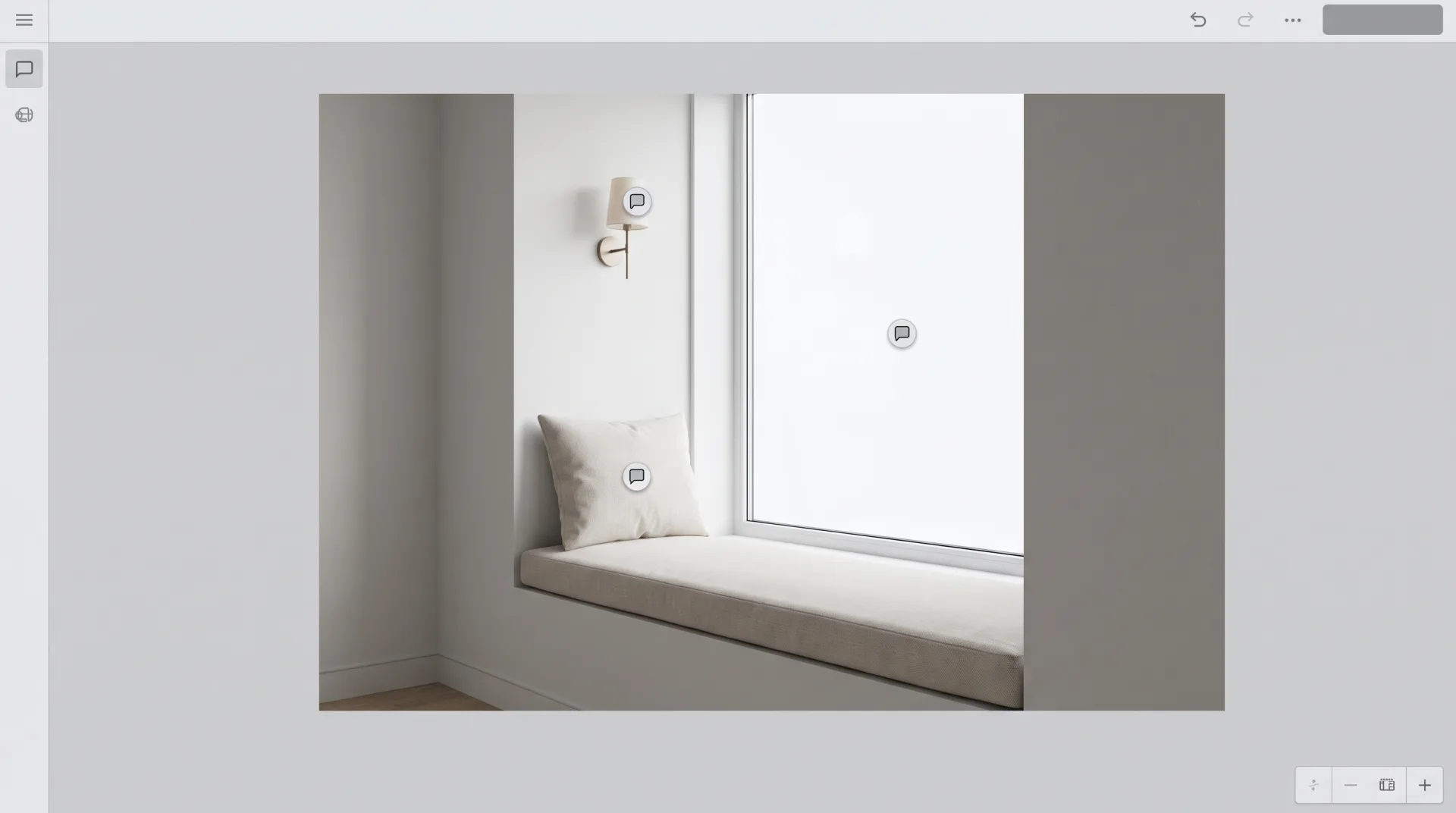 A draft rendering of a reading nook with three comment markers changes into the revised image with new fabric, a brass sconce and warmer light