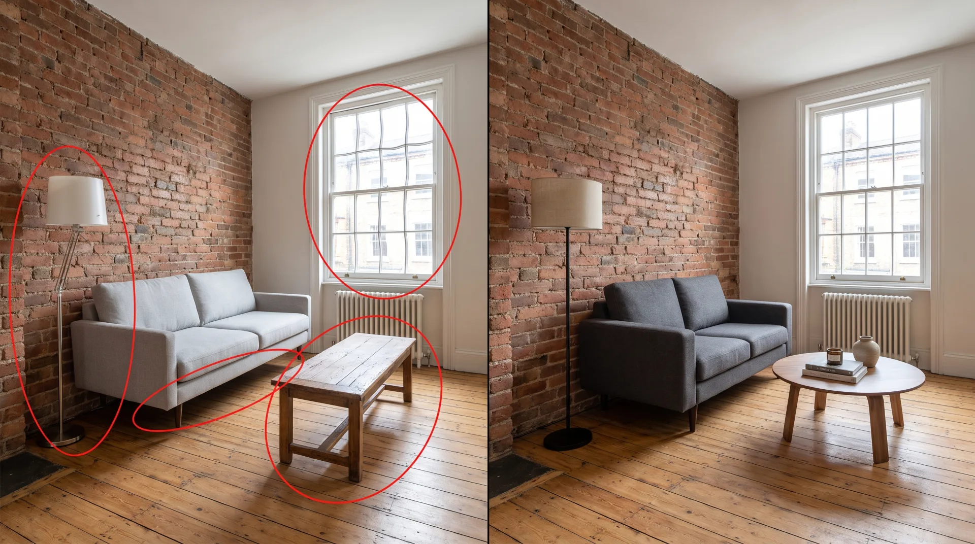 A narrow brick living room staged by AI with a warped window and floating sofa circled in red, beside a correct designer-staged version.