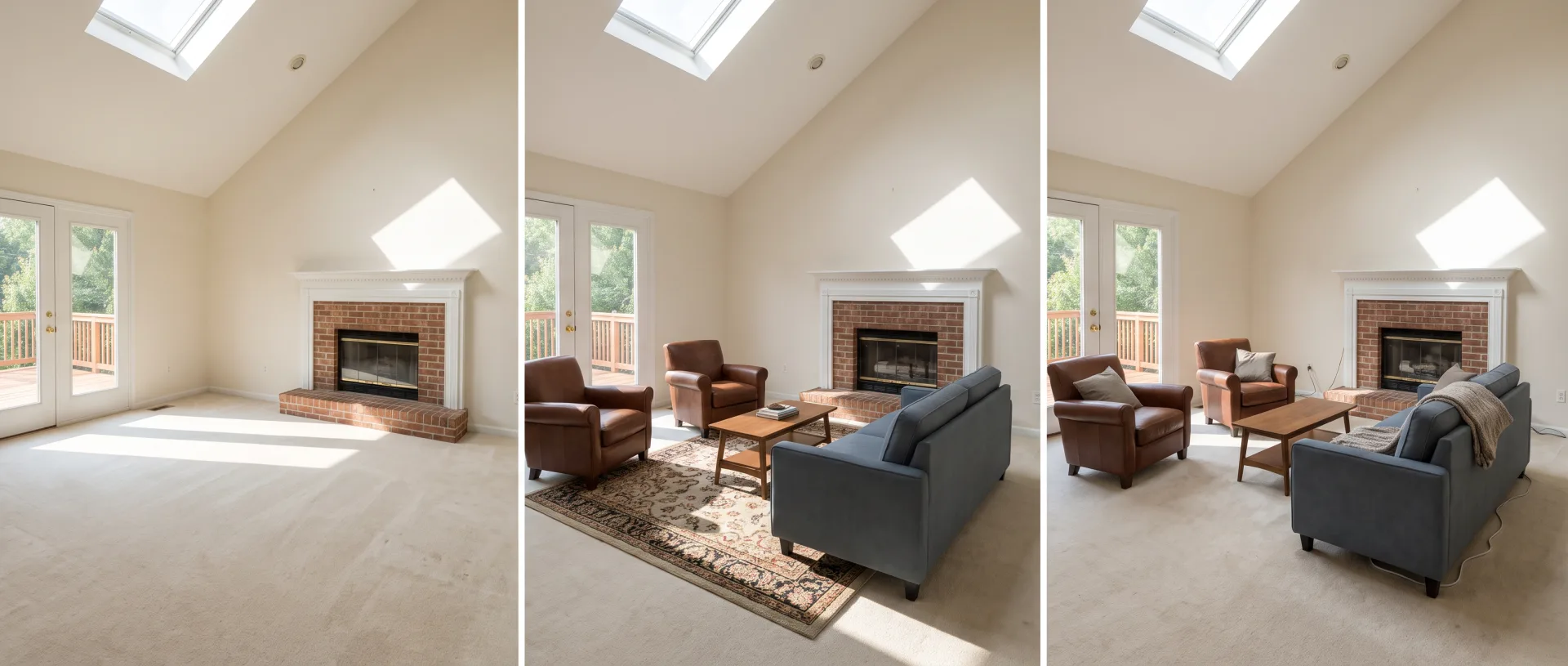 The same family room with a brick fireplace three times: empty, virtually staged, and physically staged with rental furniture.