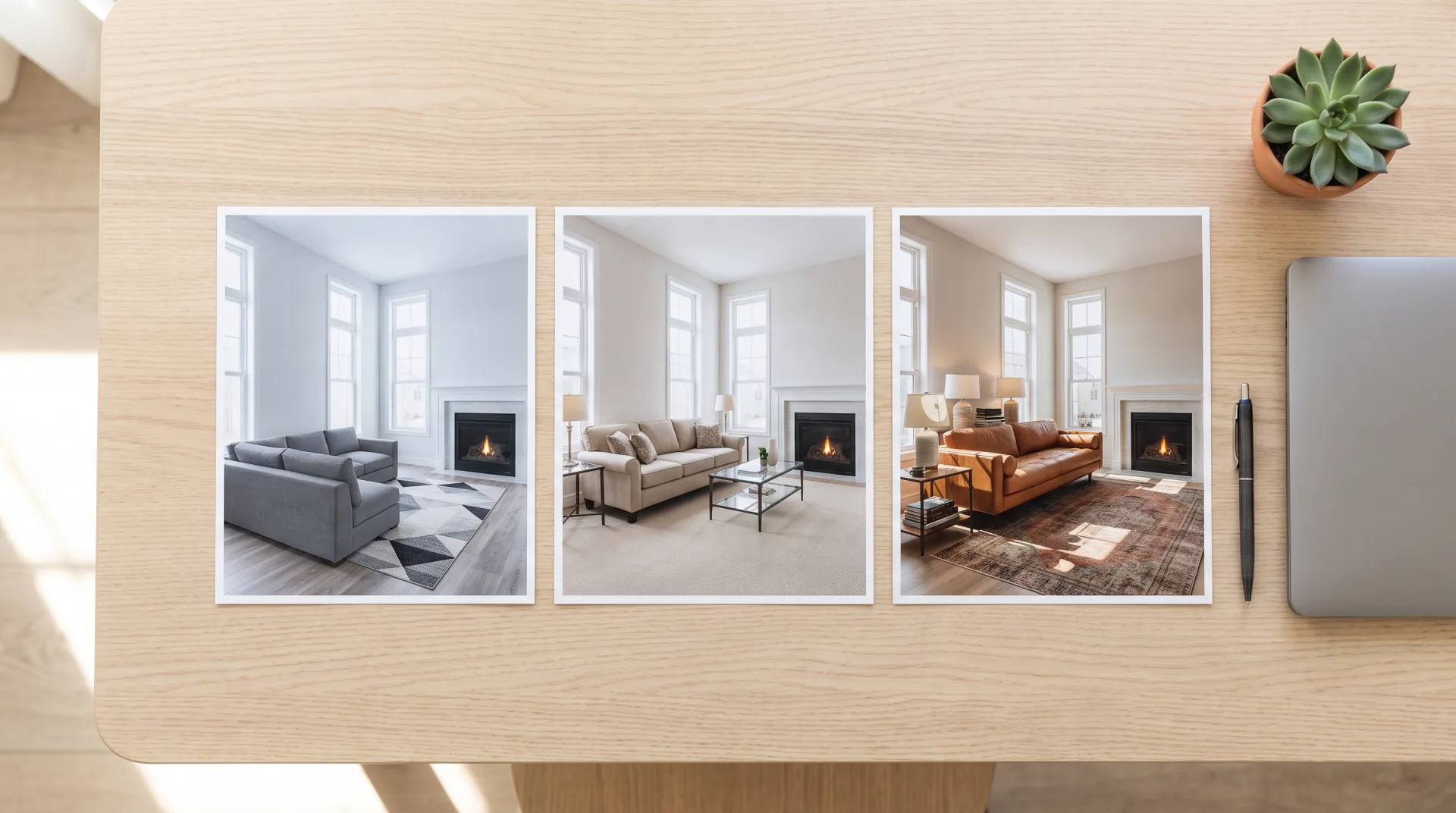 Three printed listing photos of the same townhouse great room, each virtually staged to a different standard, laid side by side on a desk.