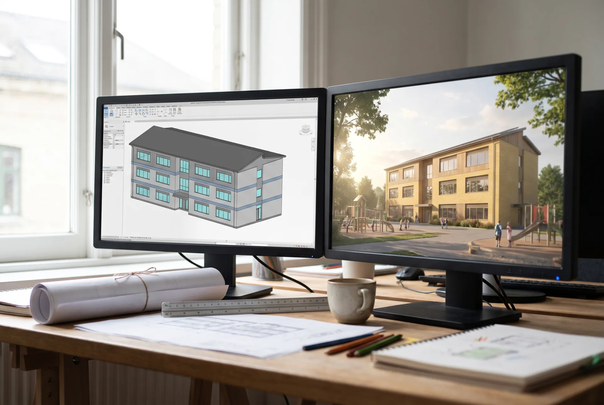 Two monitors on an architect's desk: on the left a gray, color-coded BIM model of a school, on the right the same school rendered in brick and timber in morning light.