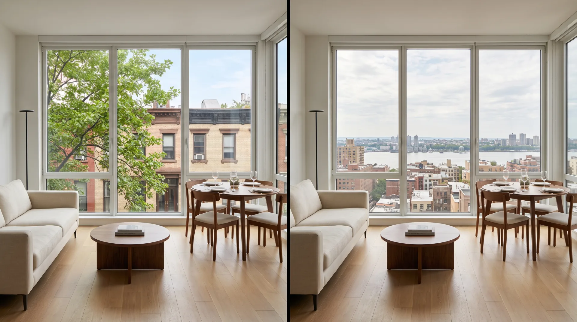 The same condo living room twice: on the left the windows look into tree tops and neighboring brick buildings from floor 5, on the right they look over rooftops to a river and skyline from floor 20.