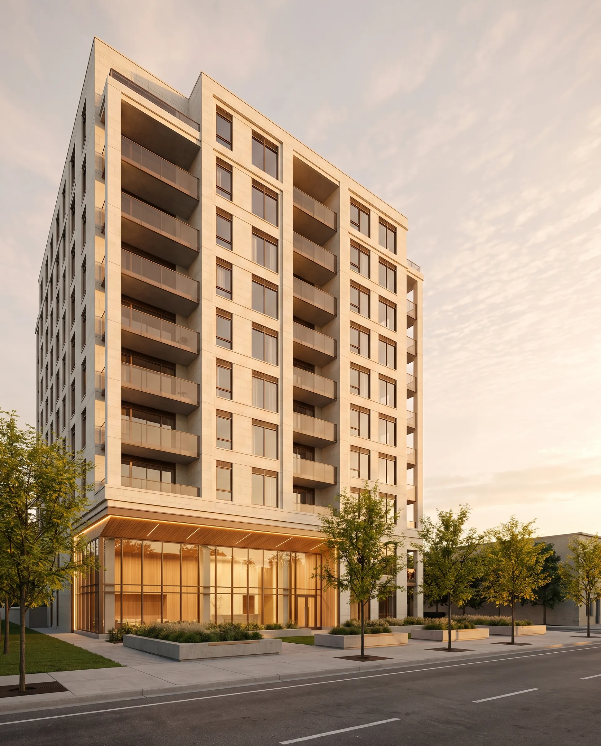 A new ten-story condominium building with pale stone facade and deep balconies at golden hour, its double-height glass lobby glowing above a tree-lined sidewalk.