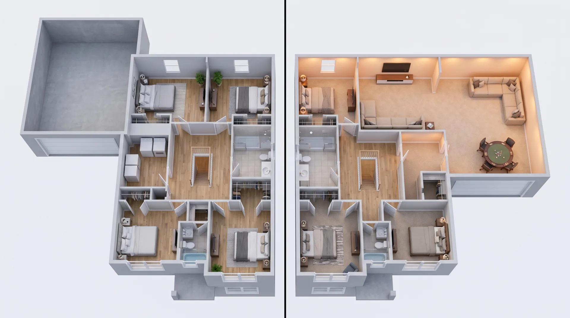 The same upper floor of a house as a 3D floor plan twice: on the left with plain unfinished space above the garage, on the right with that space finished as a furnished bonus room.