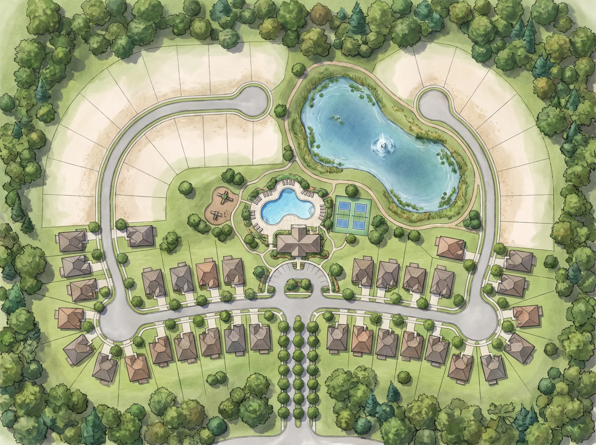 An overhead rendered site plan of a new community with built lots along curving streets, empty later-phase lots, a central pool and clubhouse, a playground and a trail around a pond.