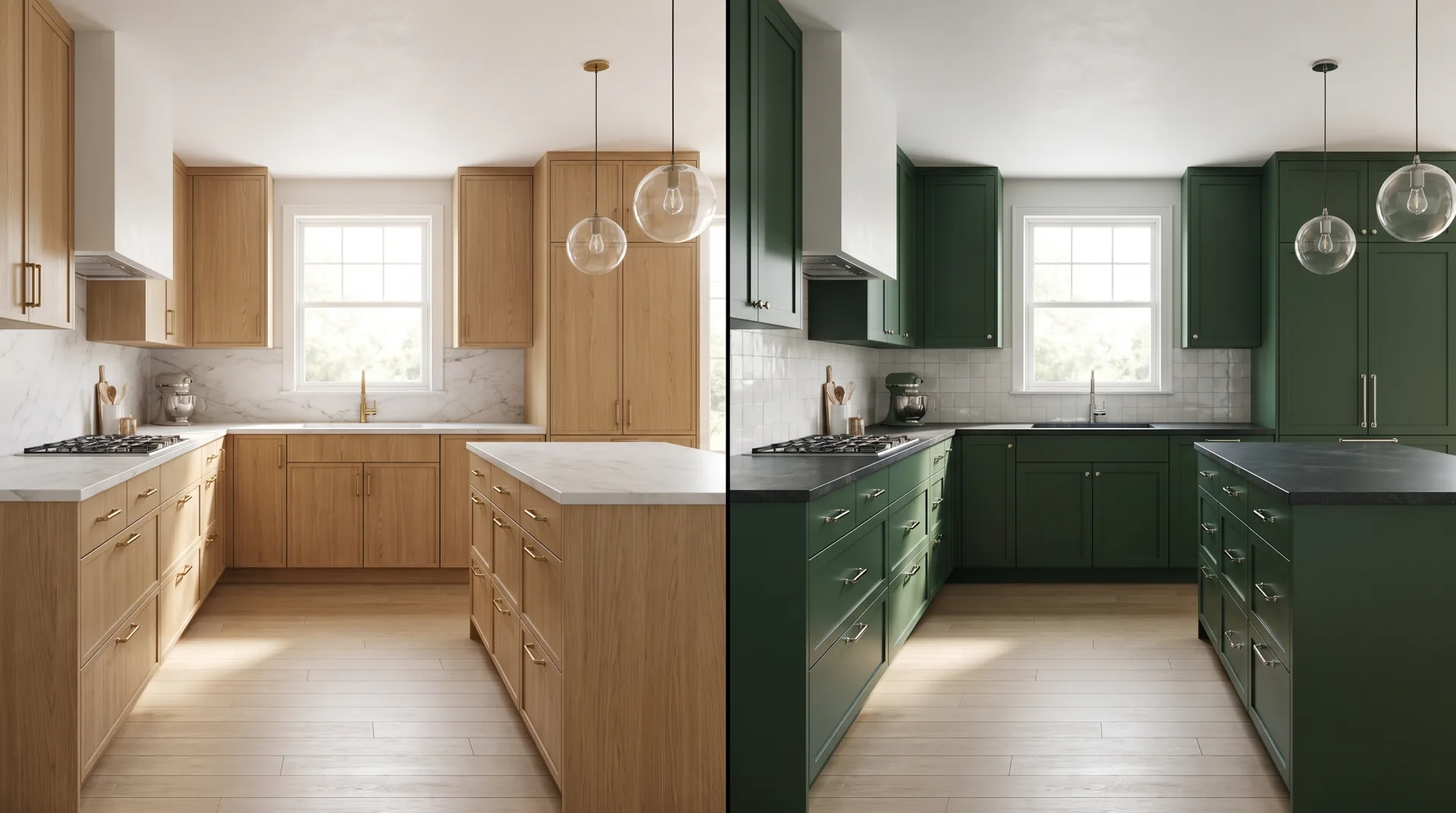 One kitchen from the same camera in two finishes: natural oak cabinets with white marble on the left, and deep green painted cabinets with soapstone and white tile on the right.
