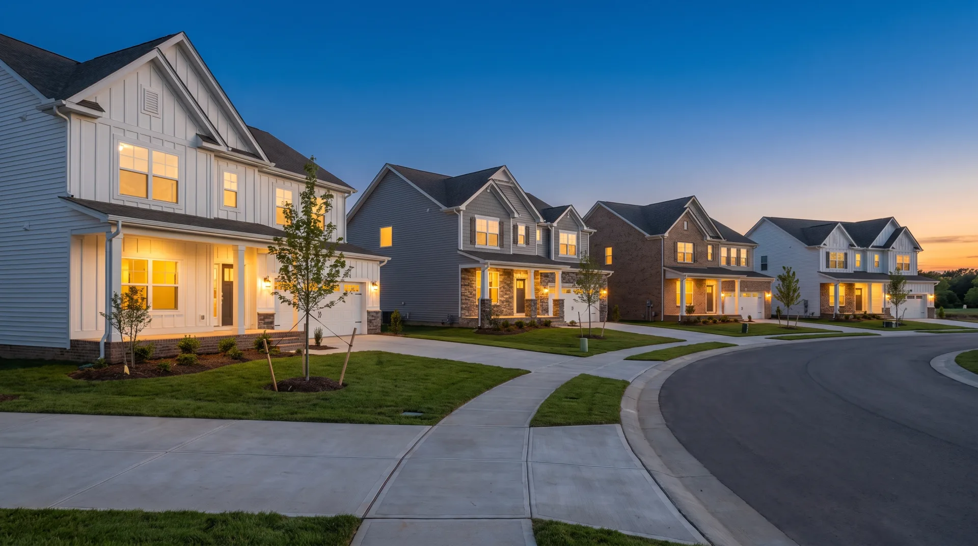 A curved street of five new two-story houses at dusk, each with different siding, porch lights on and young trees along new sidewalks.