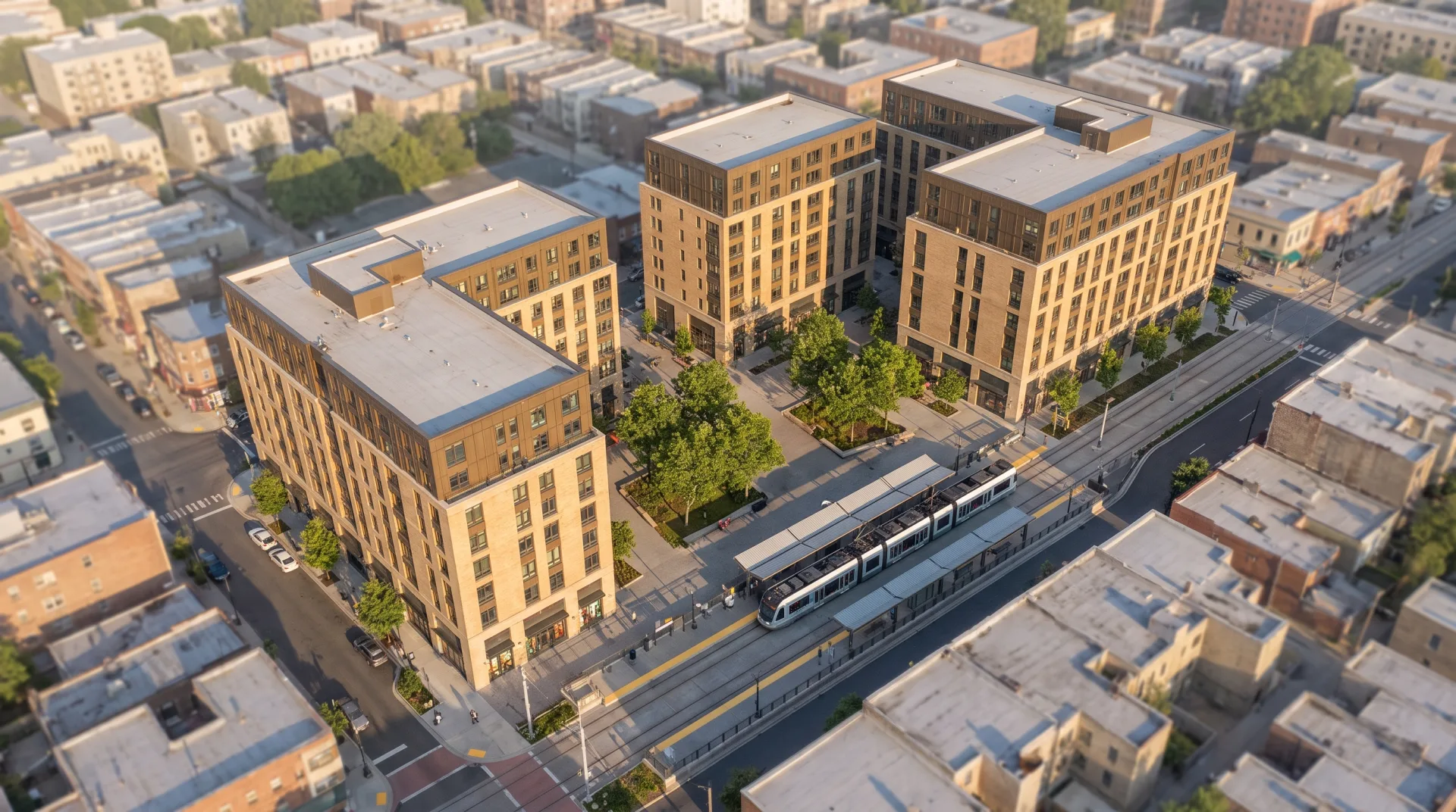 An aerial view of three new mid-rise buildings with shops and apartments around a tree-lined plaza next to a light-rail stop, in late-afternoon sun.