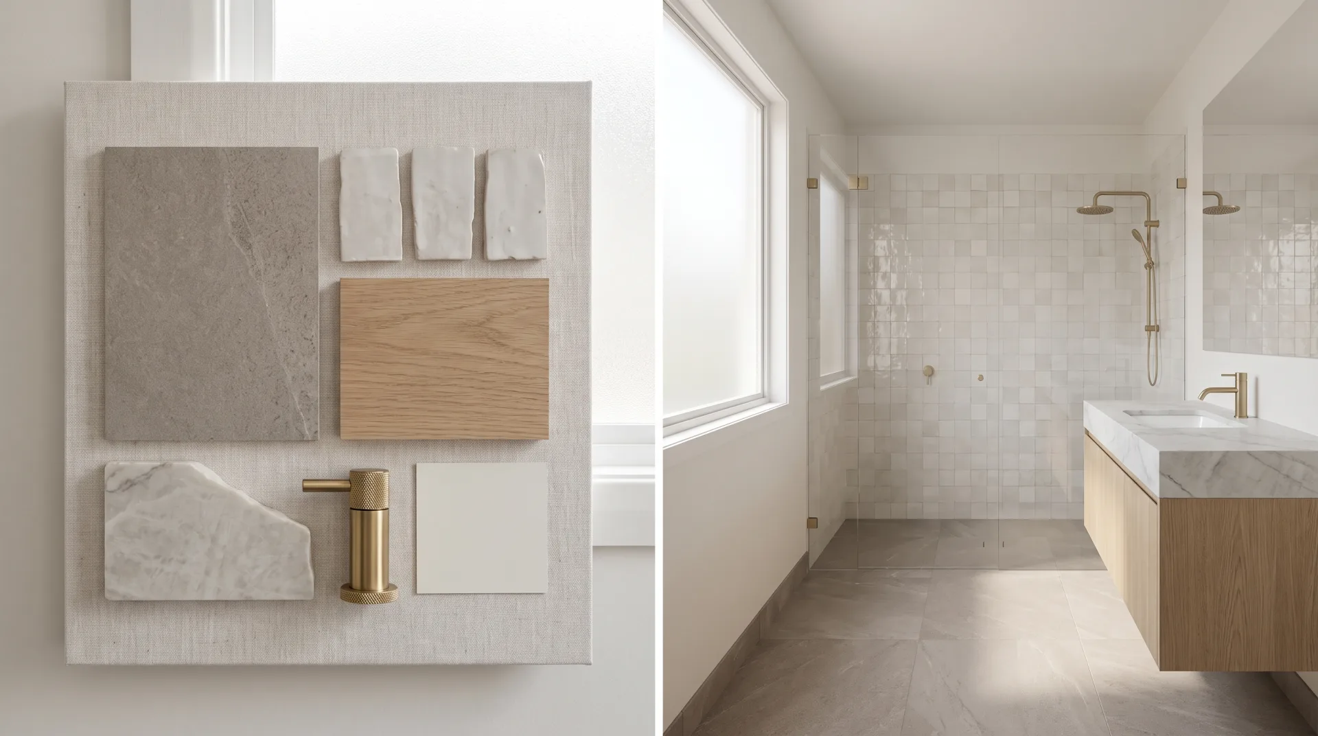 A material board of gray tile, off-white zellige, white oak, quartzite, brushed brass and paint on the left, and on the right the bathroom rendered from exactly those finishes.