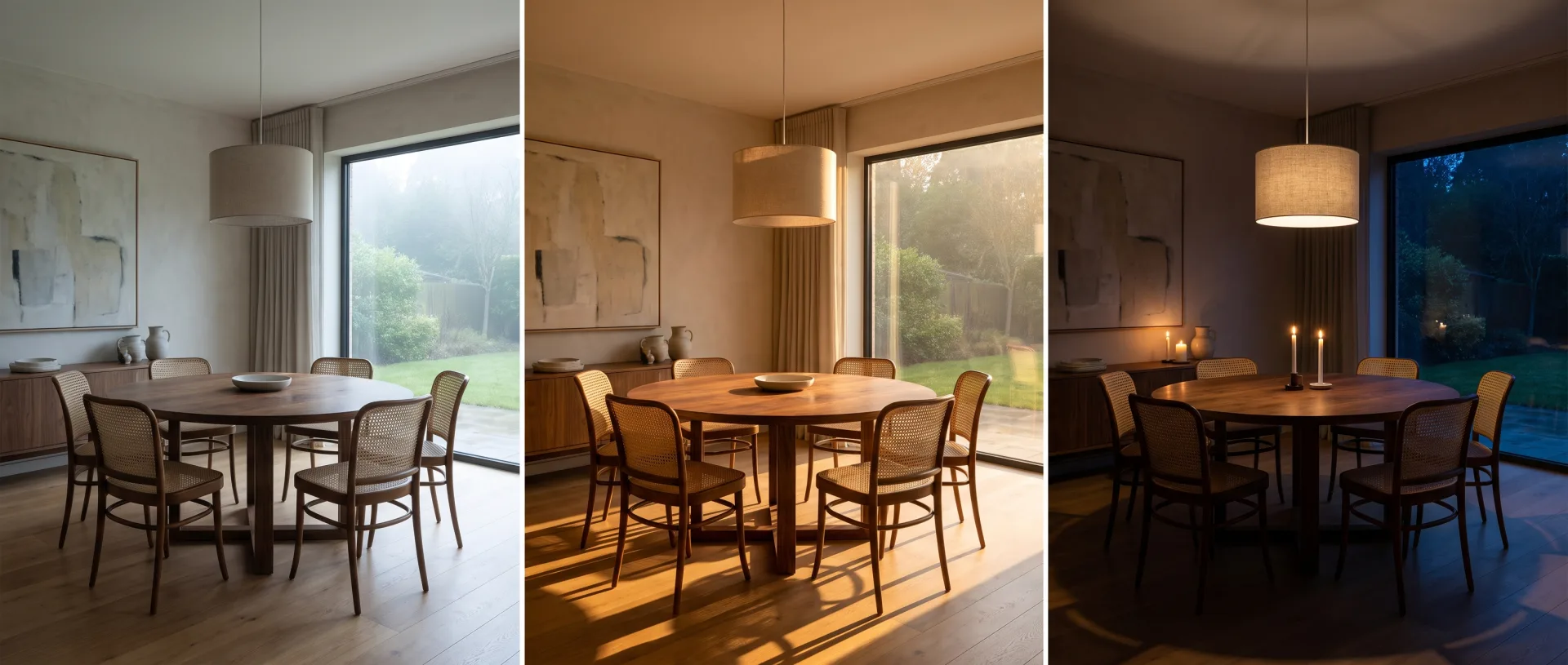 One dining room from the same camera three times: in cool overcast morning light, in warm low golden-hour sun, and at night lit only by the pendant and candles.