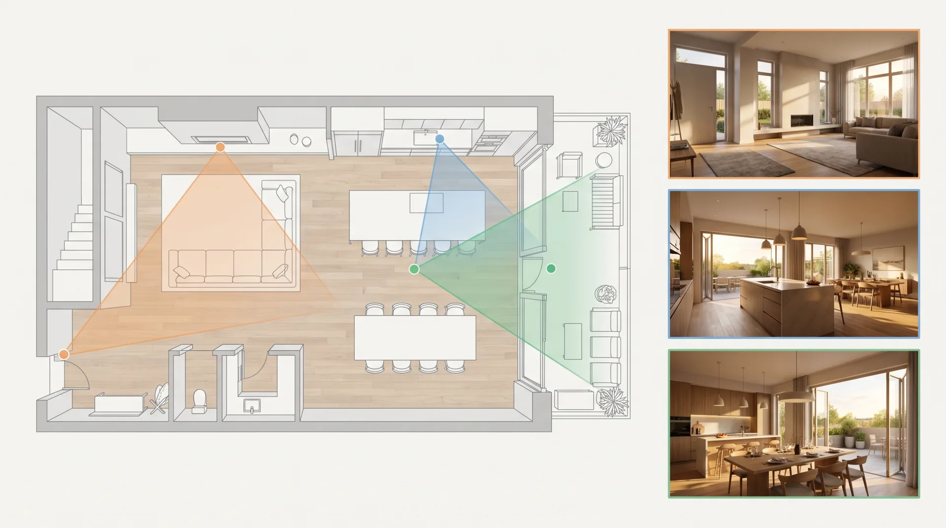 A furnished floor plan with three colored camera cones drawn on it, beside three small renders in matching colored frames showing the view from each cone.