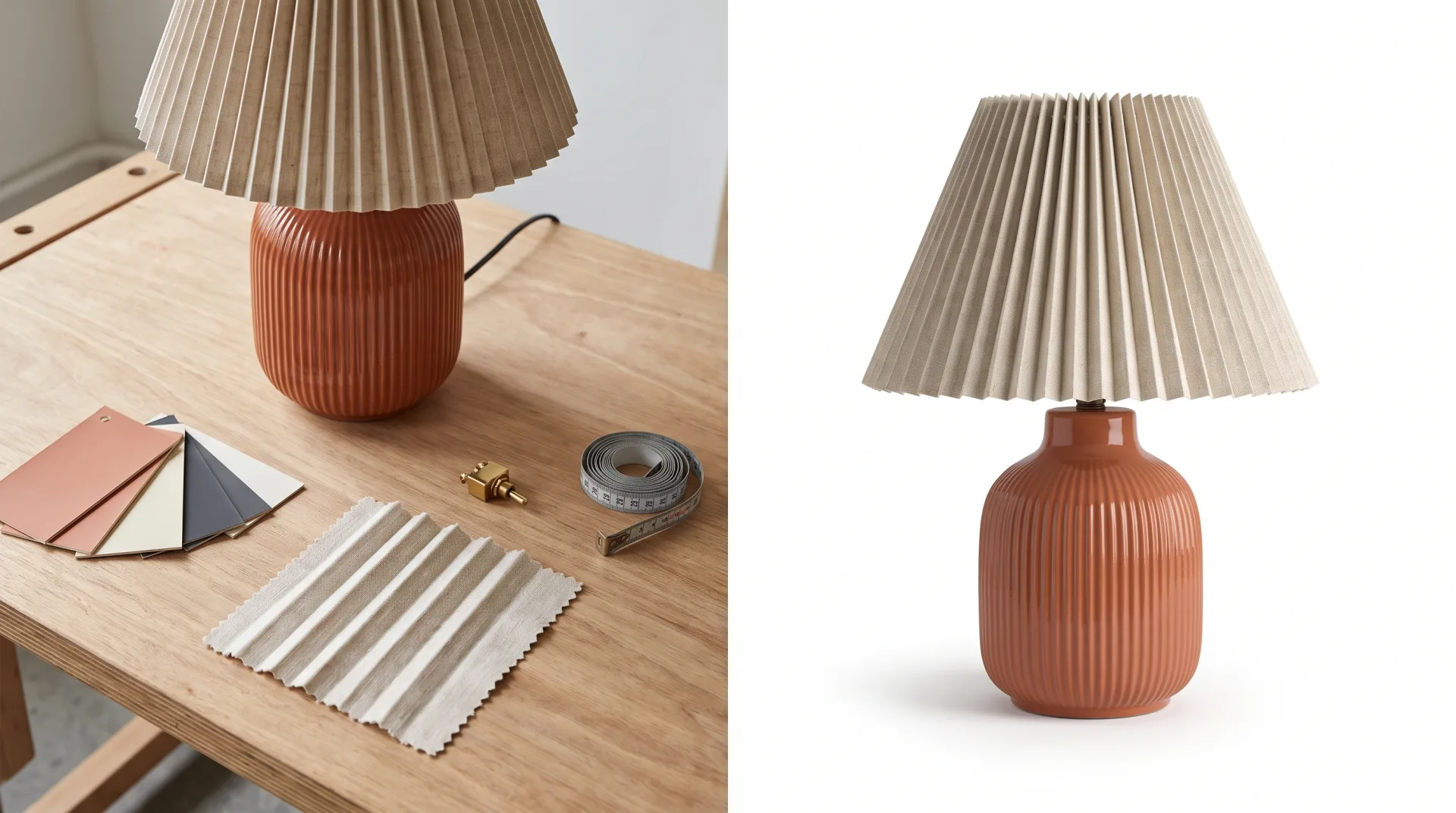 A ceramic lamp prototype with color chips, a fabric sample and a tape measure on a workbench on the left, and the same lamp as a clean render on white on the right.
