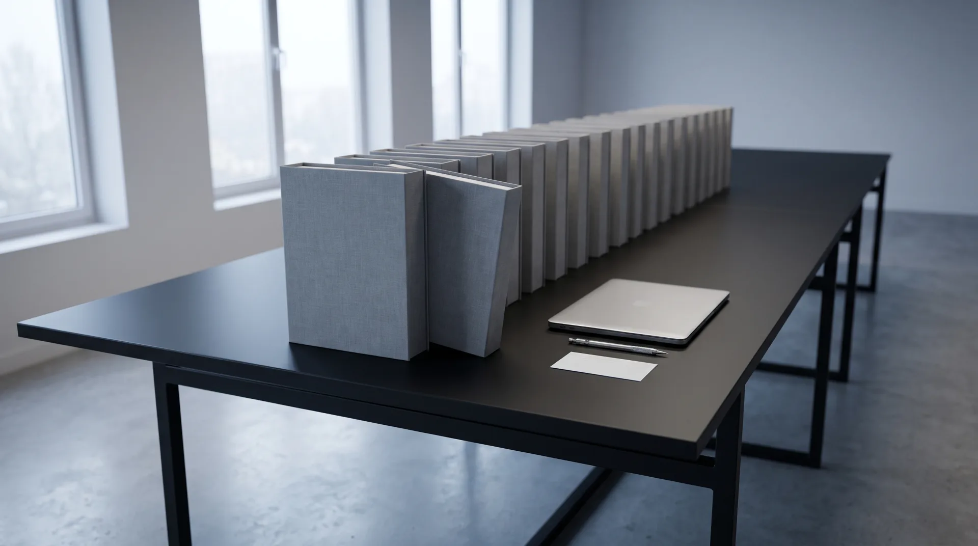 Sixteen identical plain grey portfolio folders standing in a row on a black table, one pulled slightly forward for a closer look.