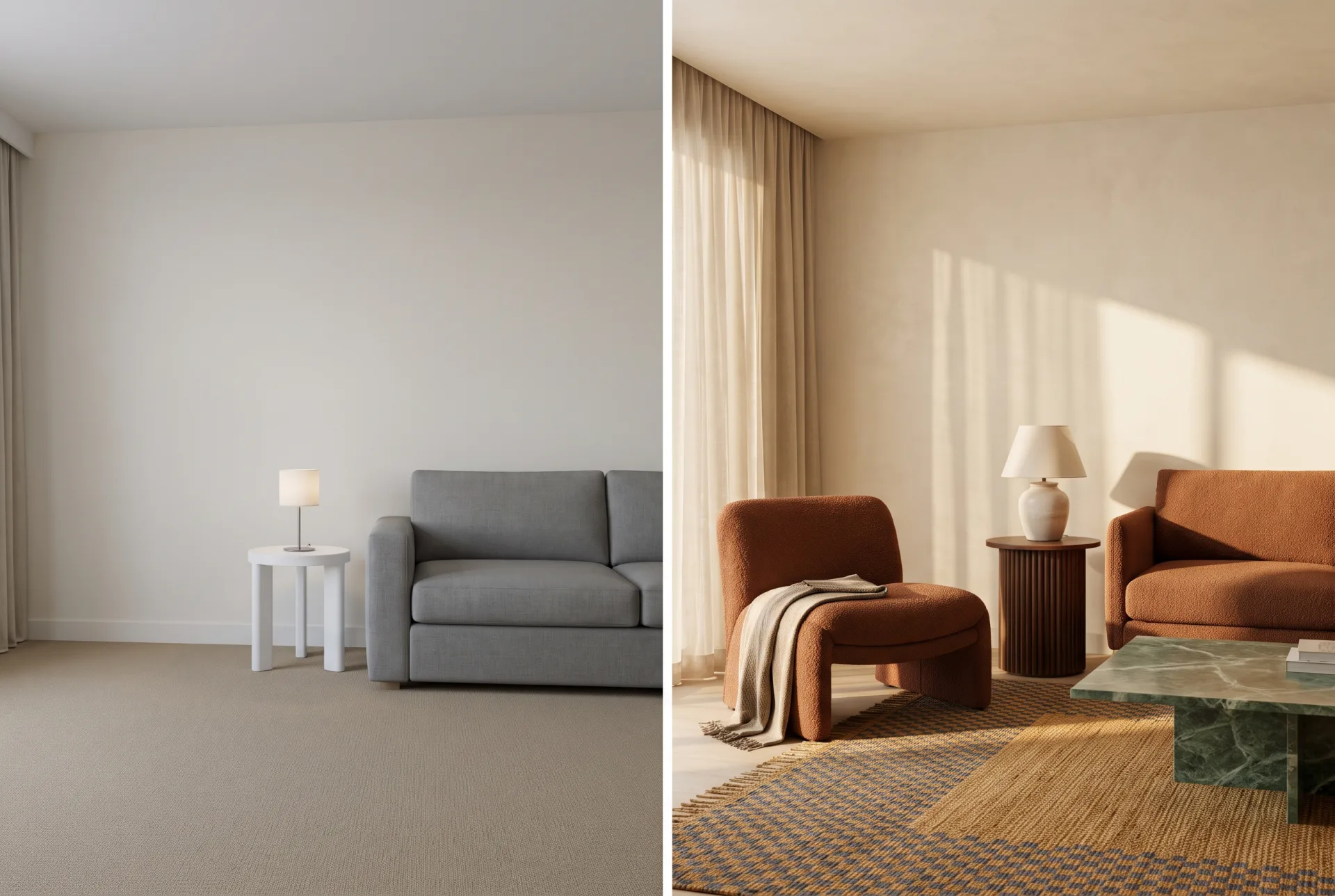 The same hotel sitting area shown twice: on the left with generic grey stock furniture, on the right with specified boucle, walnut, green marble and limewashed plaster.