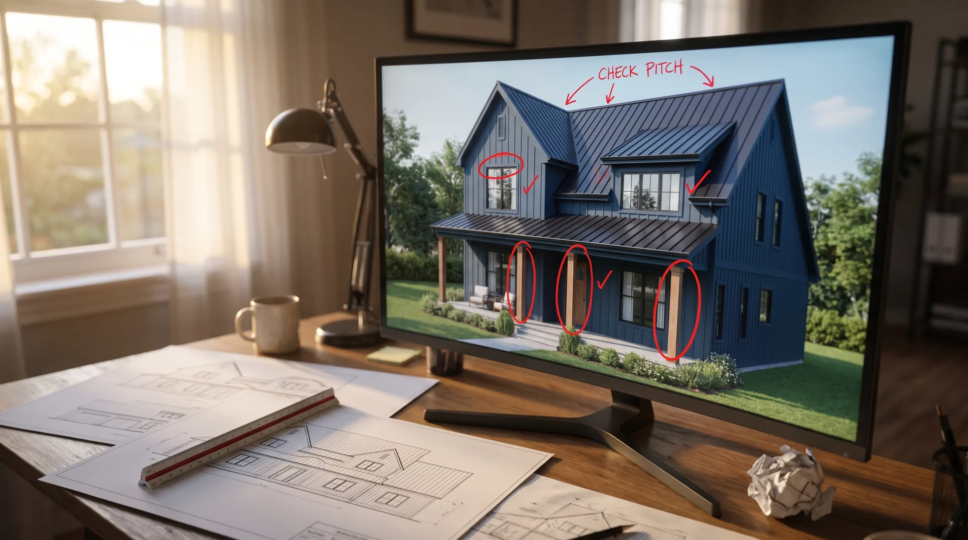 A first-draft render of a house on a monitor with red review marks circling the porch columns and roof, next to printed elevation drawings and a scale ruler.