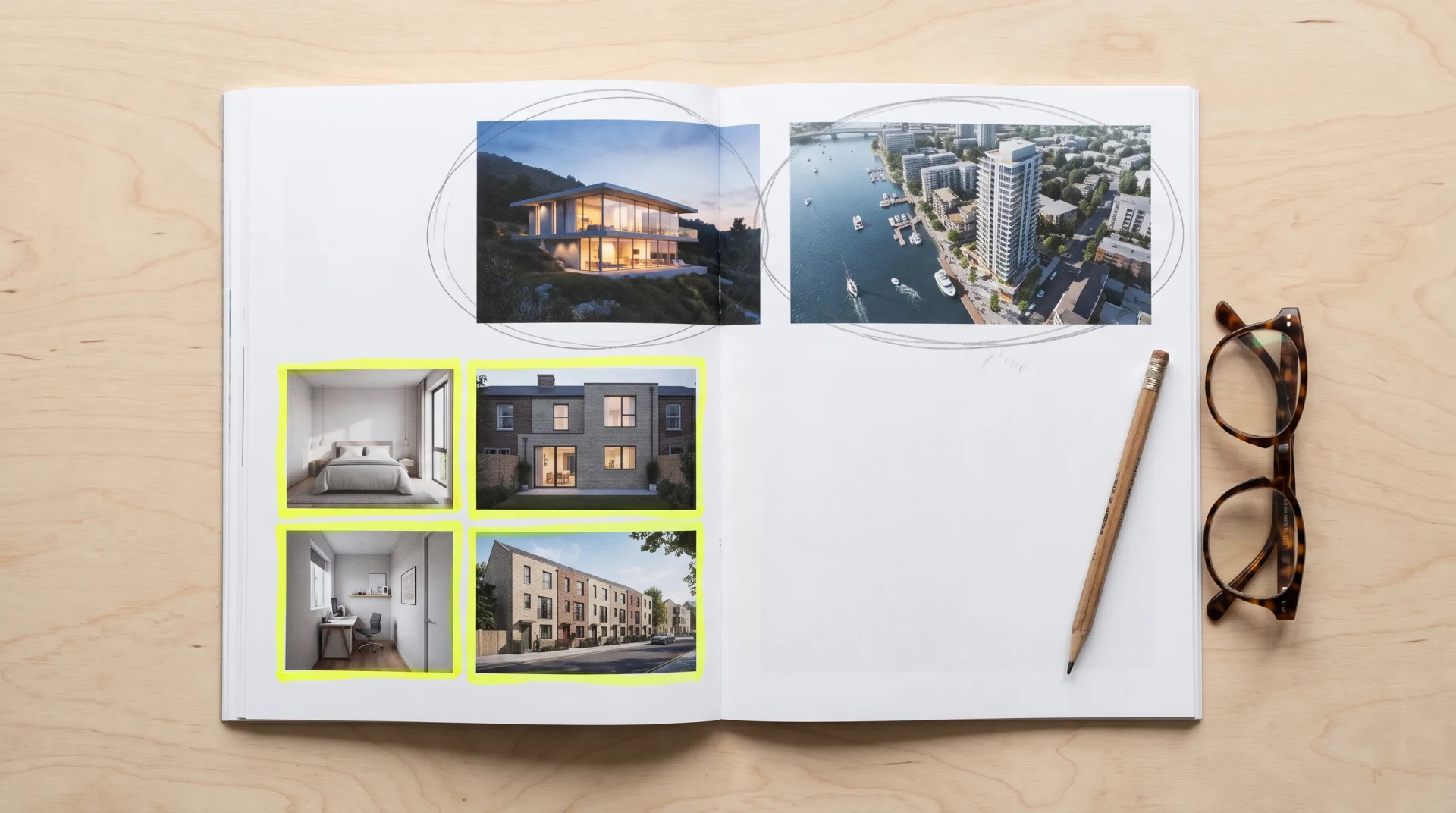 A printed rendering portfolio on a desk with two dramatic hero images circled in pencil and four everyday project images framed in yellow highlighter.