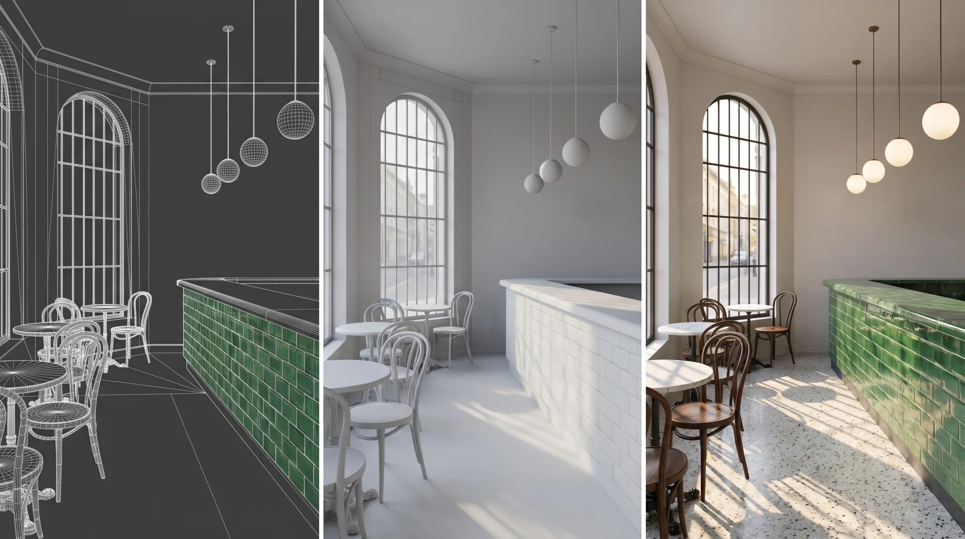 The same corner cafe three times: as a white wireframe, as a gray clay model, and as a finished render with green tiles, marble tables and morning sun through an arched window.