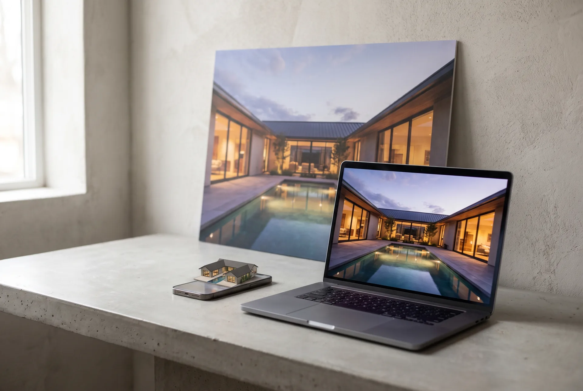 A printed board, a laptop and a phone on a table, all showing the same rendering of a courtyard house at dusk, with the phone showing it as an AR model.