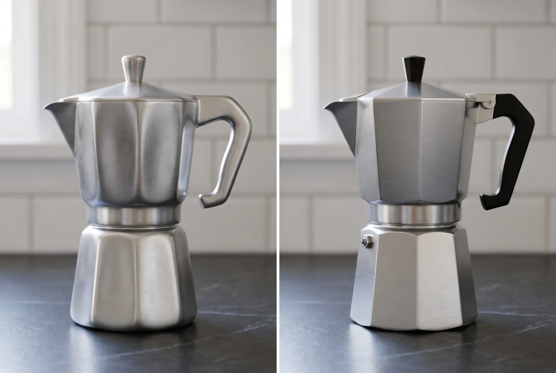 The same aluminium moka pot twice: on the left a soft, lumpy AI-generated mesh with a merged handle; on the right a precise model with crisp facets and a separate screwed handle.