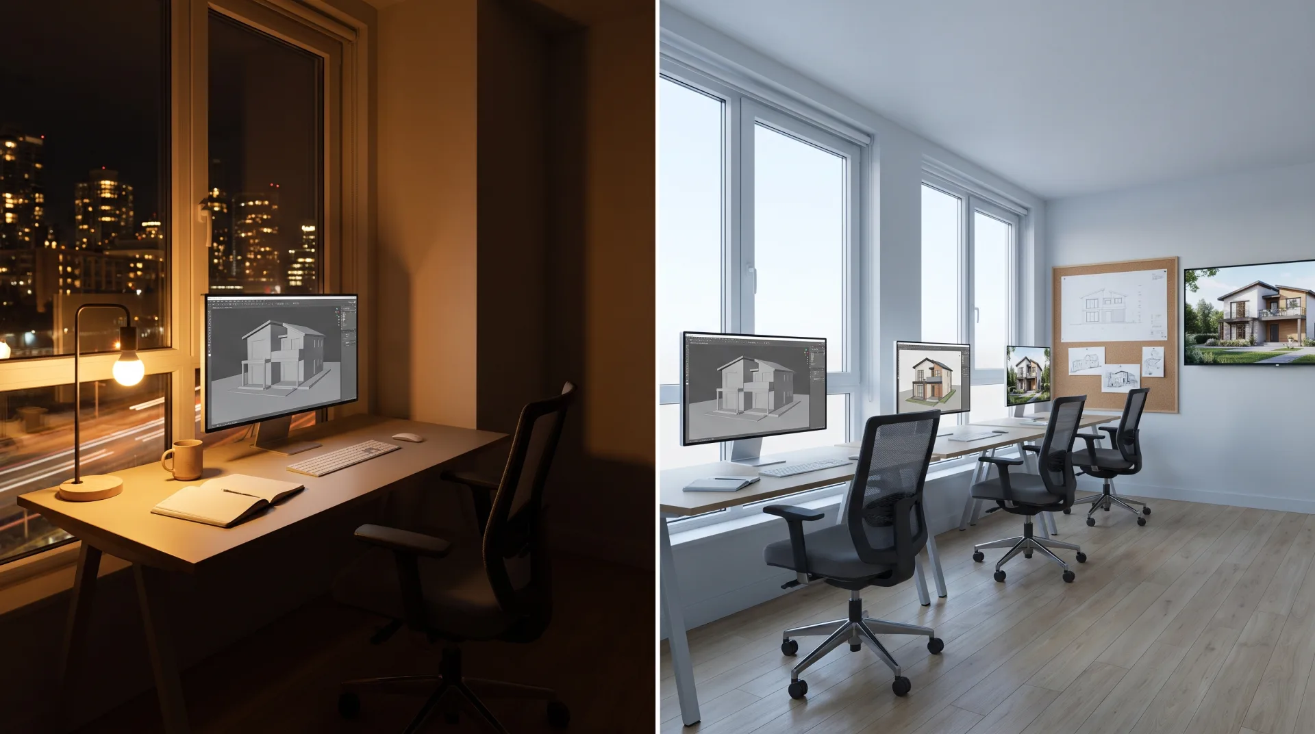 Split image: on the left one home desk at night with a single monitor; on the right a daytime studio with three workstations and a large review screen showing the same house.