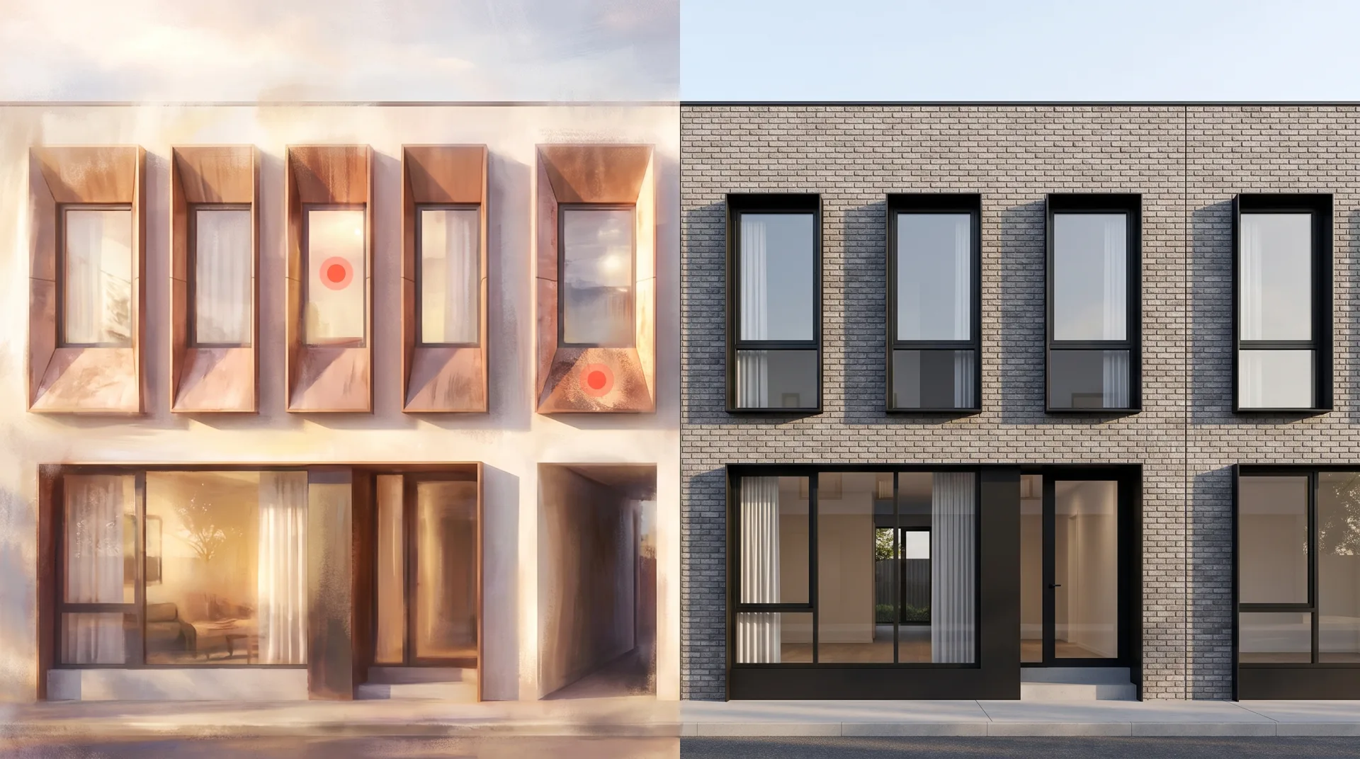 Side-by-side of one townhouse: an AI concept with an extra window and wrong cladding on the left, and the accurate render from the drawings on the right