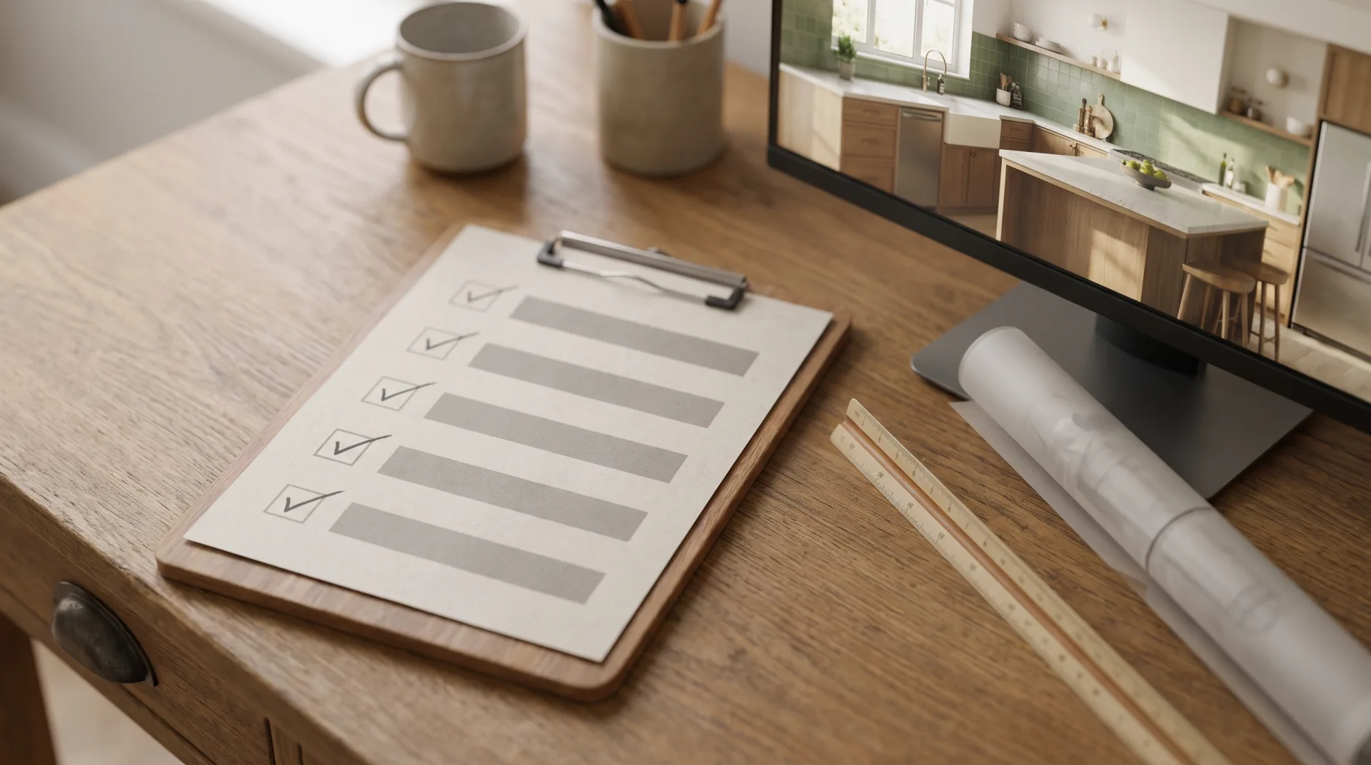 A clipboard with five ticked checklist lines beside a monitor showing a kitchen rendering on an architect's desk