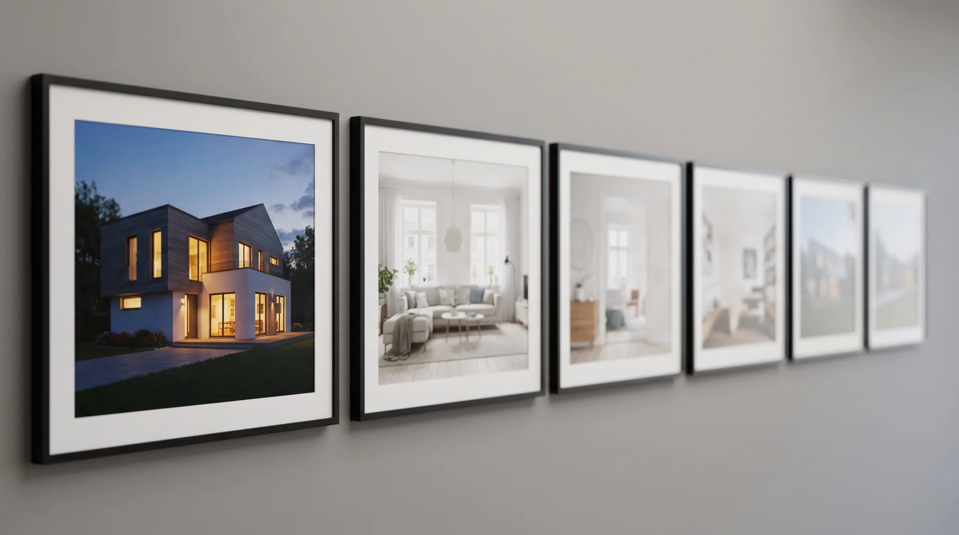 Camera pans along six rendered views: a house exterior at dusk, a living room, an aerial masterplan, a chair on white, a 3D floor plan and a hotel lobby