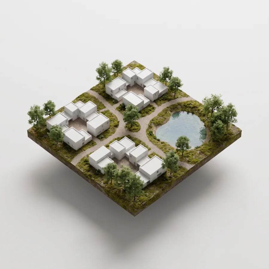 A small 3D site model seen from above with white buildings, paths, trees and a pond