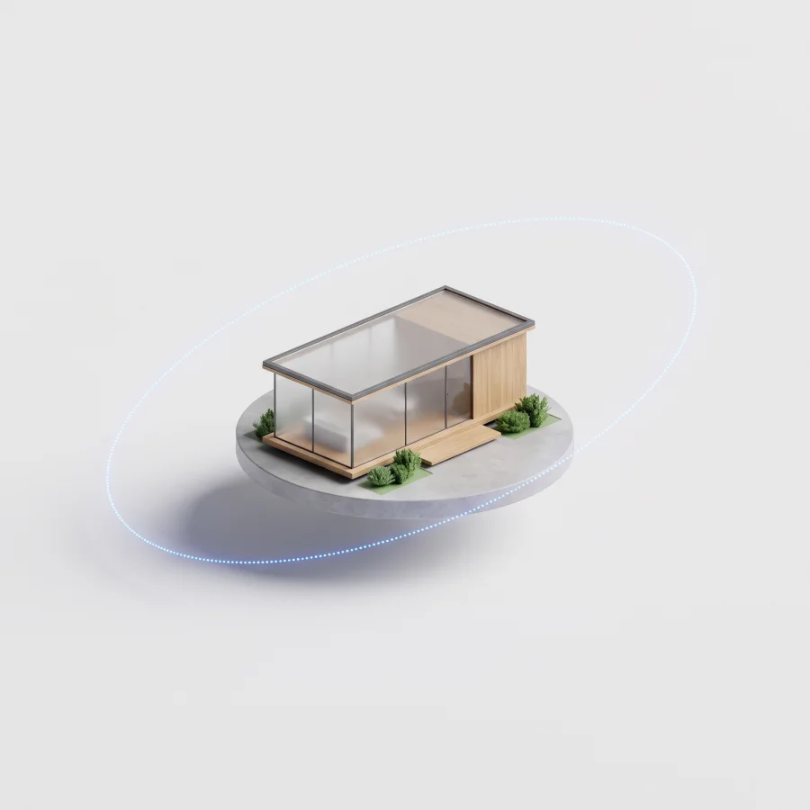 A small 3D model of a pavilion house circled by a dotted camera path