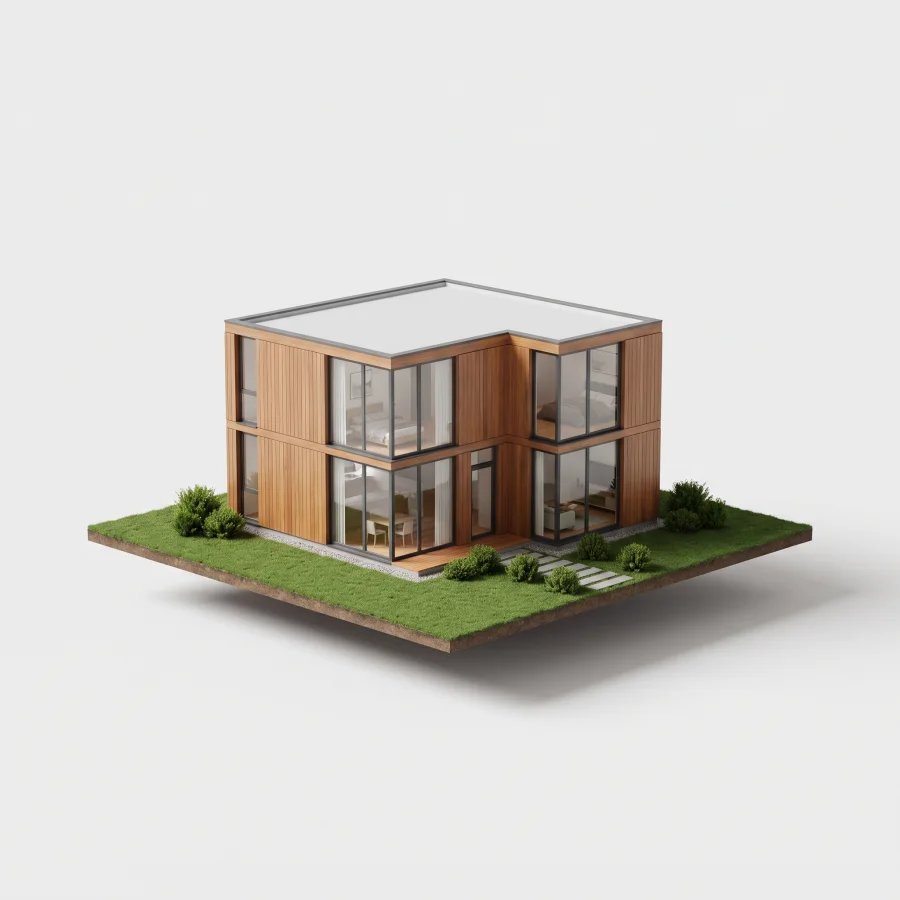 A small 3D model of a modern two-story timber-clad house with large windows on a square lawn plinth
