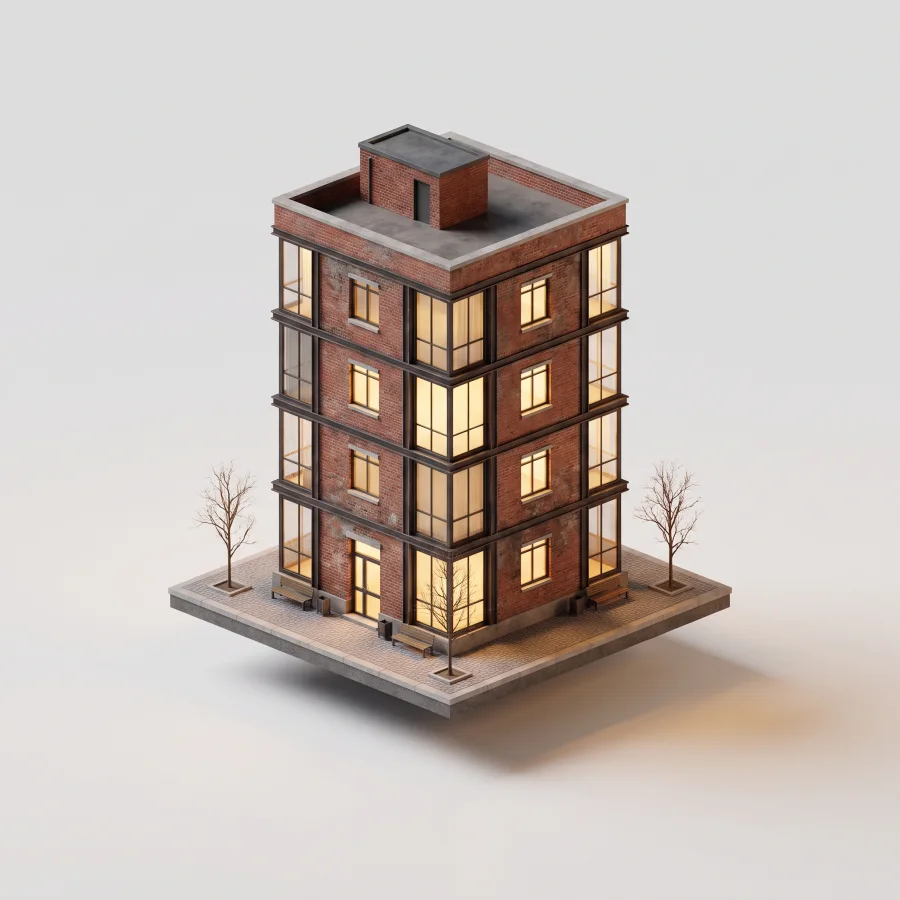 A small 3D model of a brick and glass apartment building at dusk with lit windows and two trees