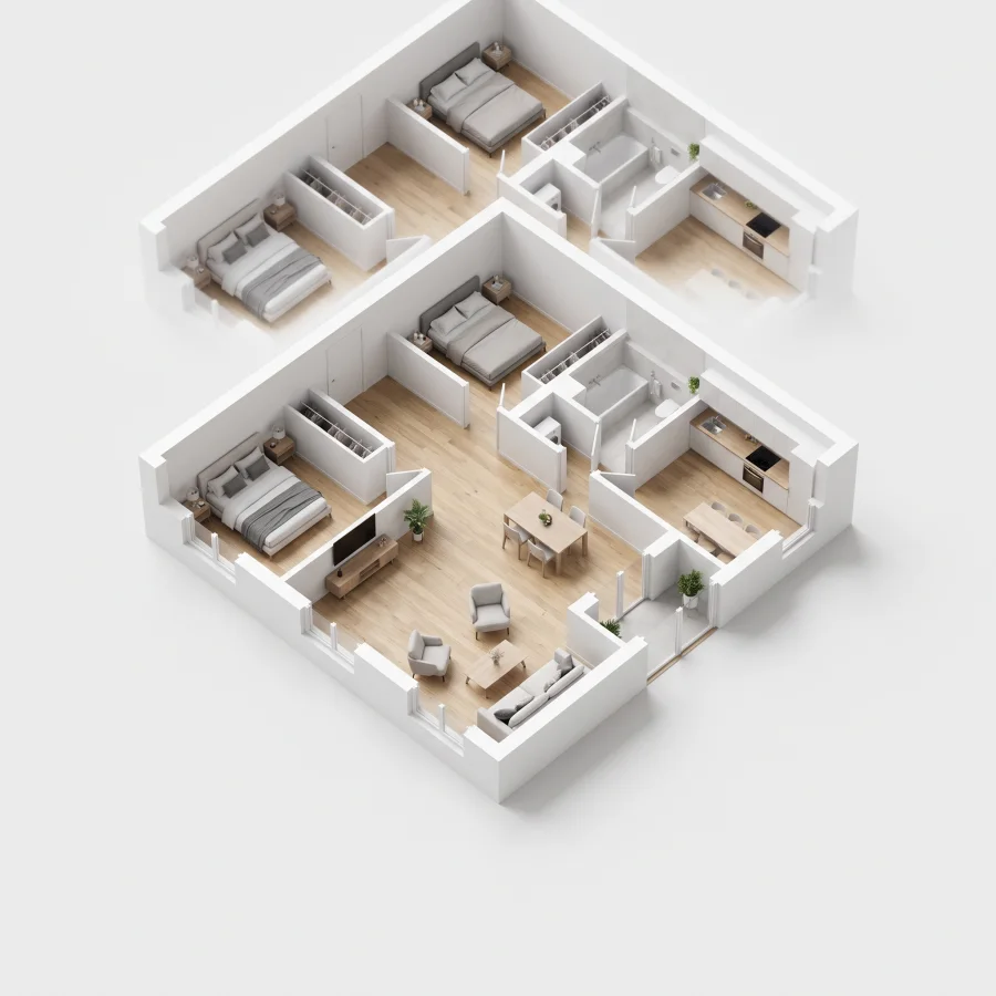 A small roofless 3D model of a furnished two-bedroom apartment seen from above