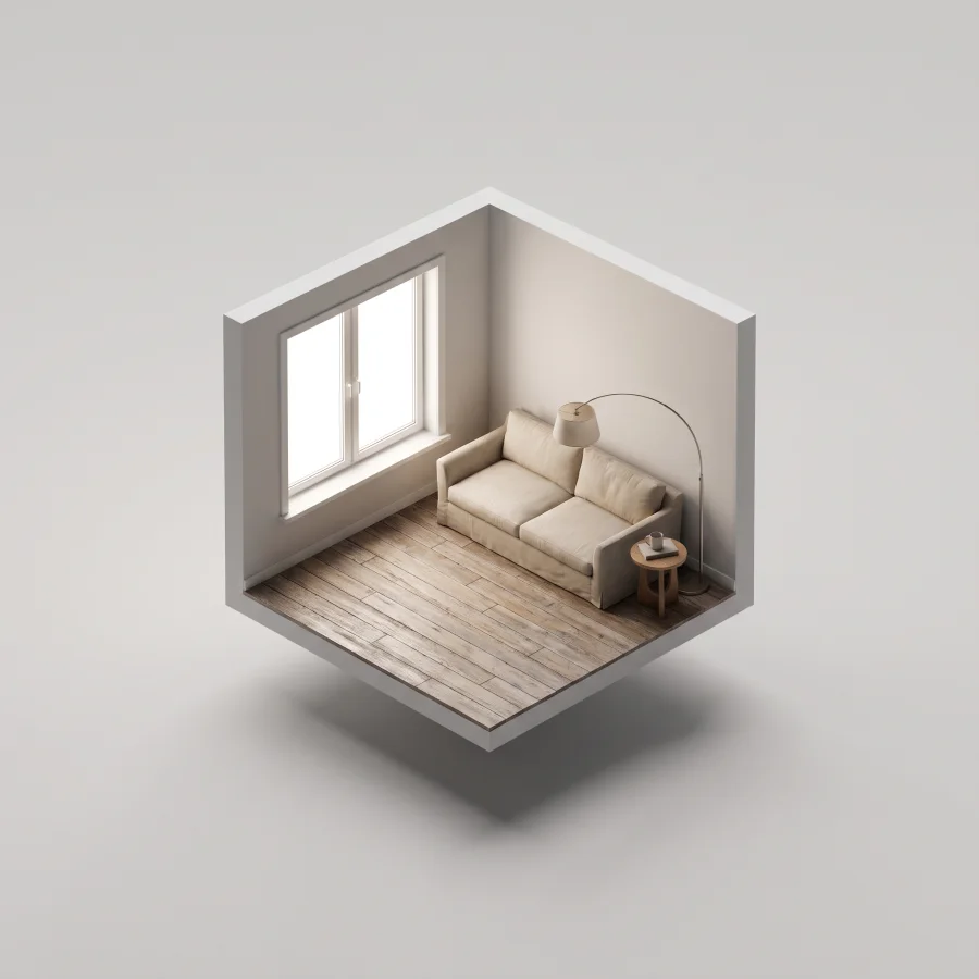 A small cut-away 3D model of a living room corner with an oak floor, a linen sofa and a floor lamp