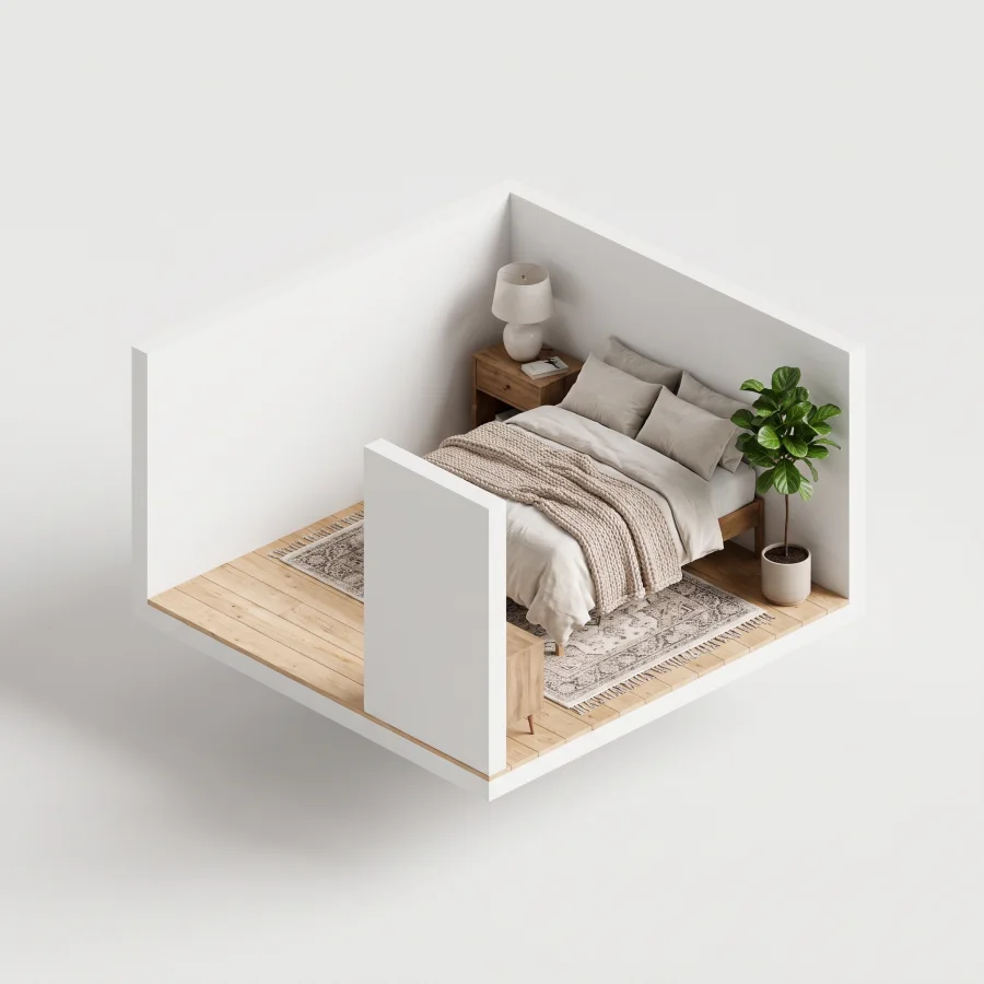 A small 3D model of a bedroom corner, bare on one side and furnished with a bed, rug and plant on the other