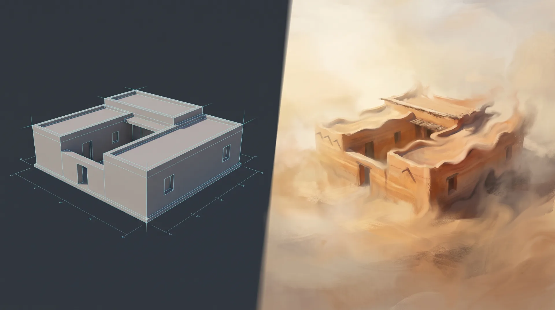 A desert courtyard house shown twice: on the left as a precise grey 3D model with construction lines, on the right as a hazy AI-style image whose roof and windows blur and melt.