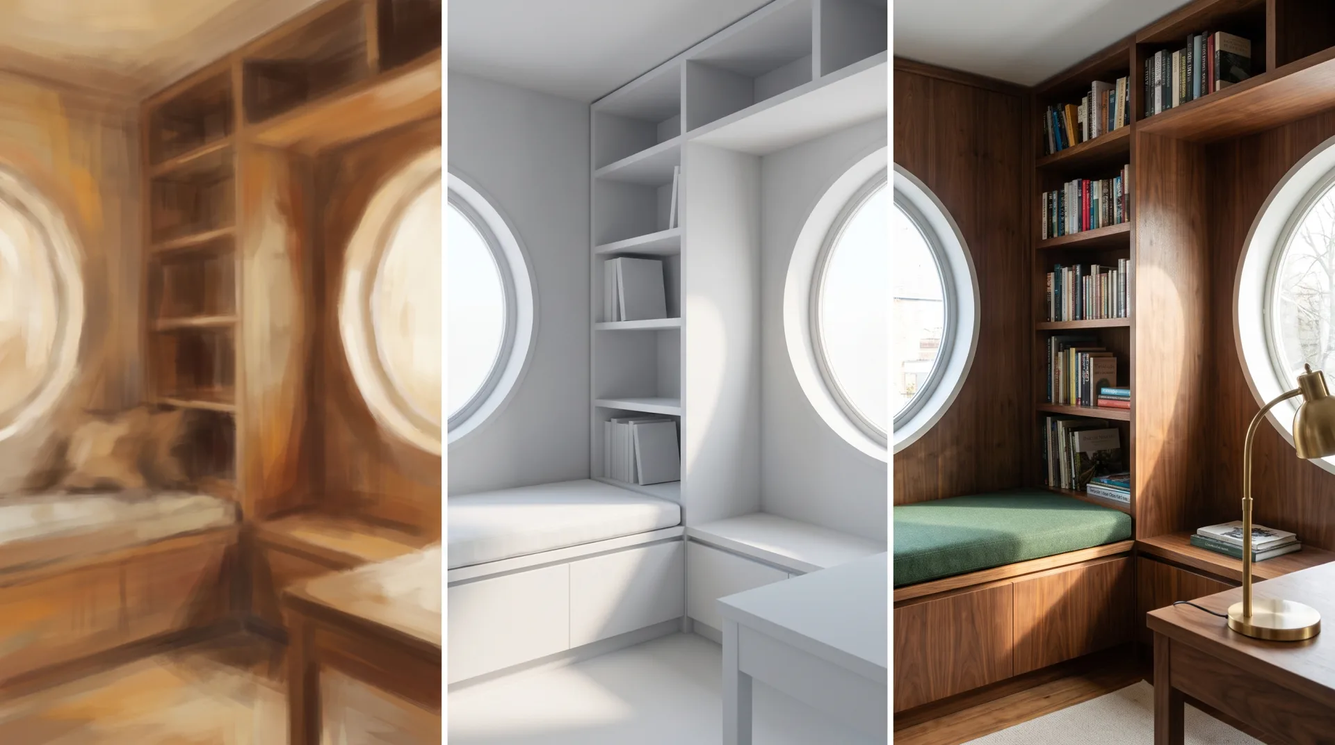 One home office shown in three stages: a loose AI mood draft, a white clay render of the 3D model, and the final photoreal render with walnut shelves and a green window seat.