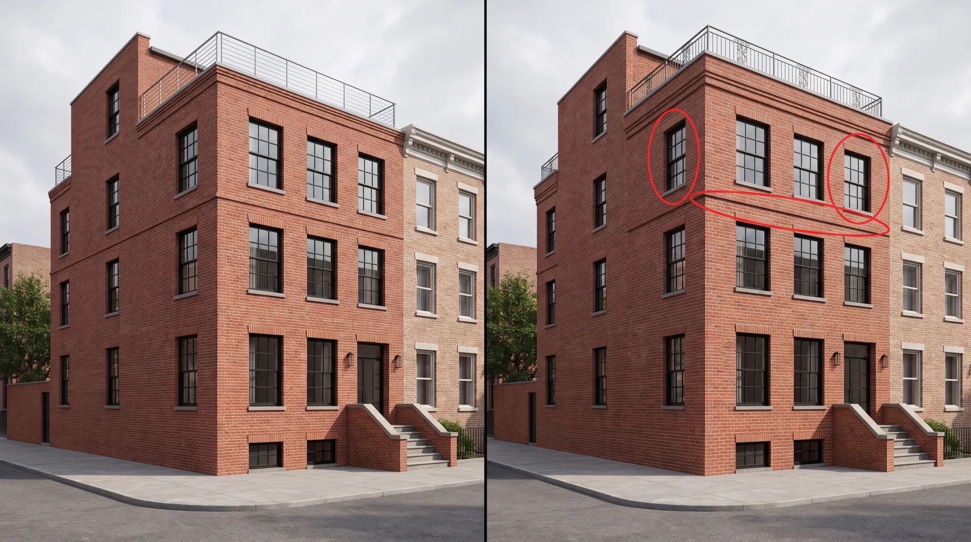 A brick townhouse with black steel windows shown twice: a CGI render that follows the drawings on the left, and an AI-generated version on the right with red circles around an extra window bay, a misaligned floor line and uneven brick.