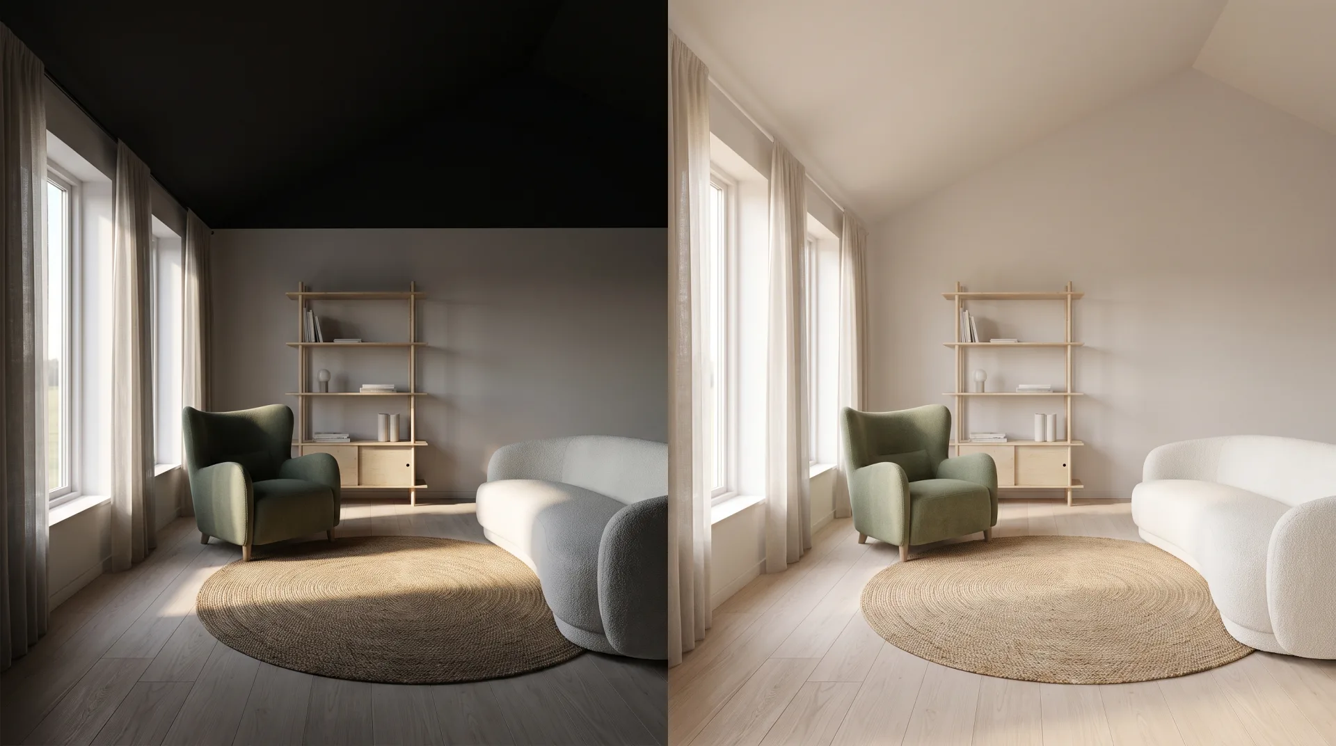 A Scandinavian living room split in two: with global illumination off it is black apart from patches of sun; with it on the room is filled with soft daylight.