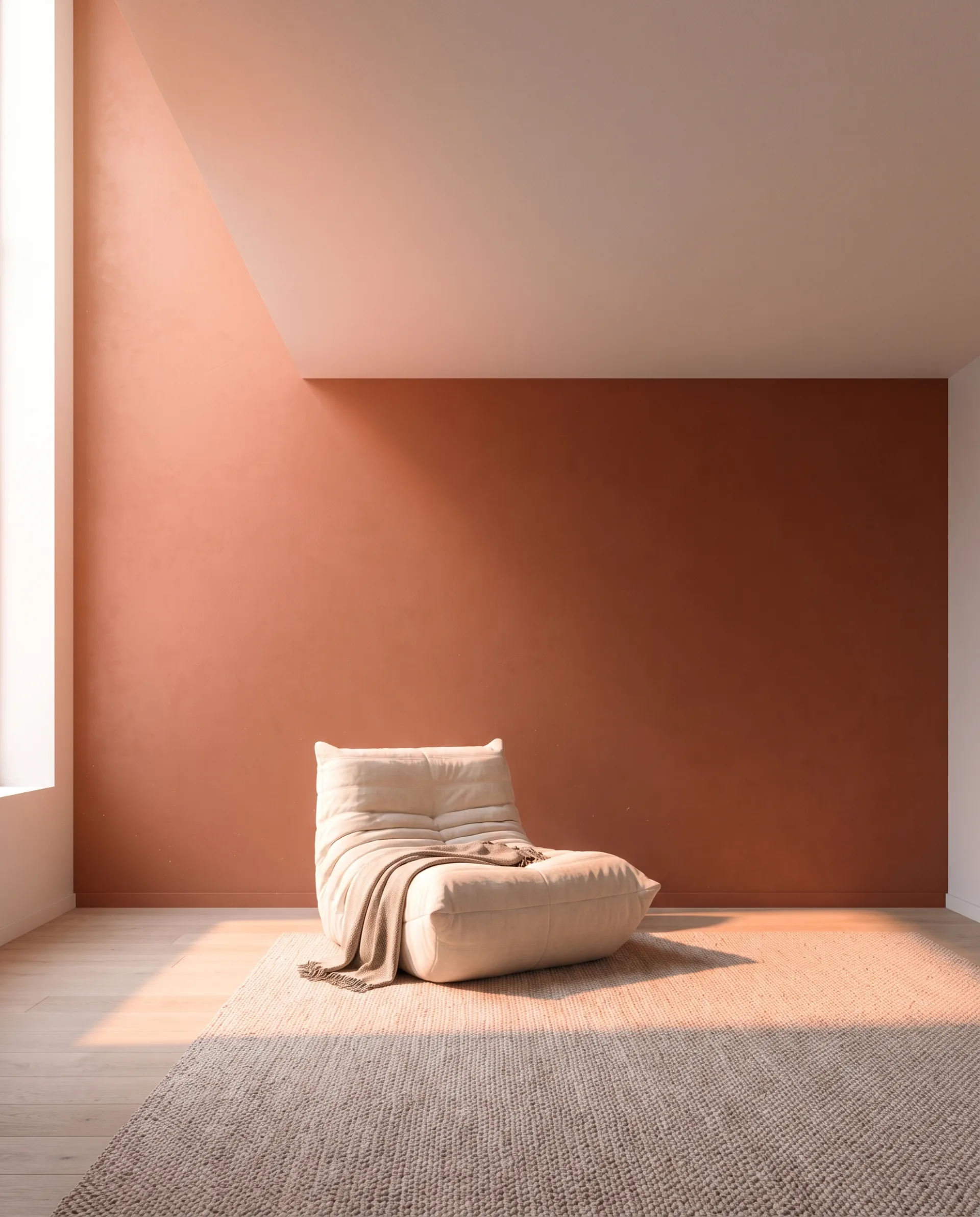 A terracotta feature wall in sun, casting a warm orange tint onto the white ceiling and the neutral rug beside it.