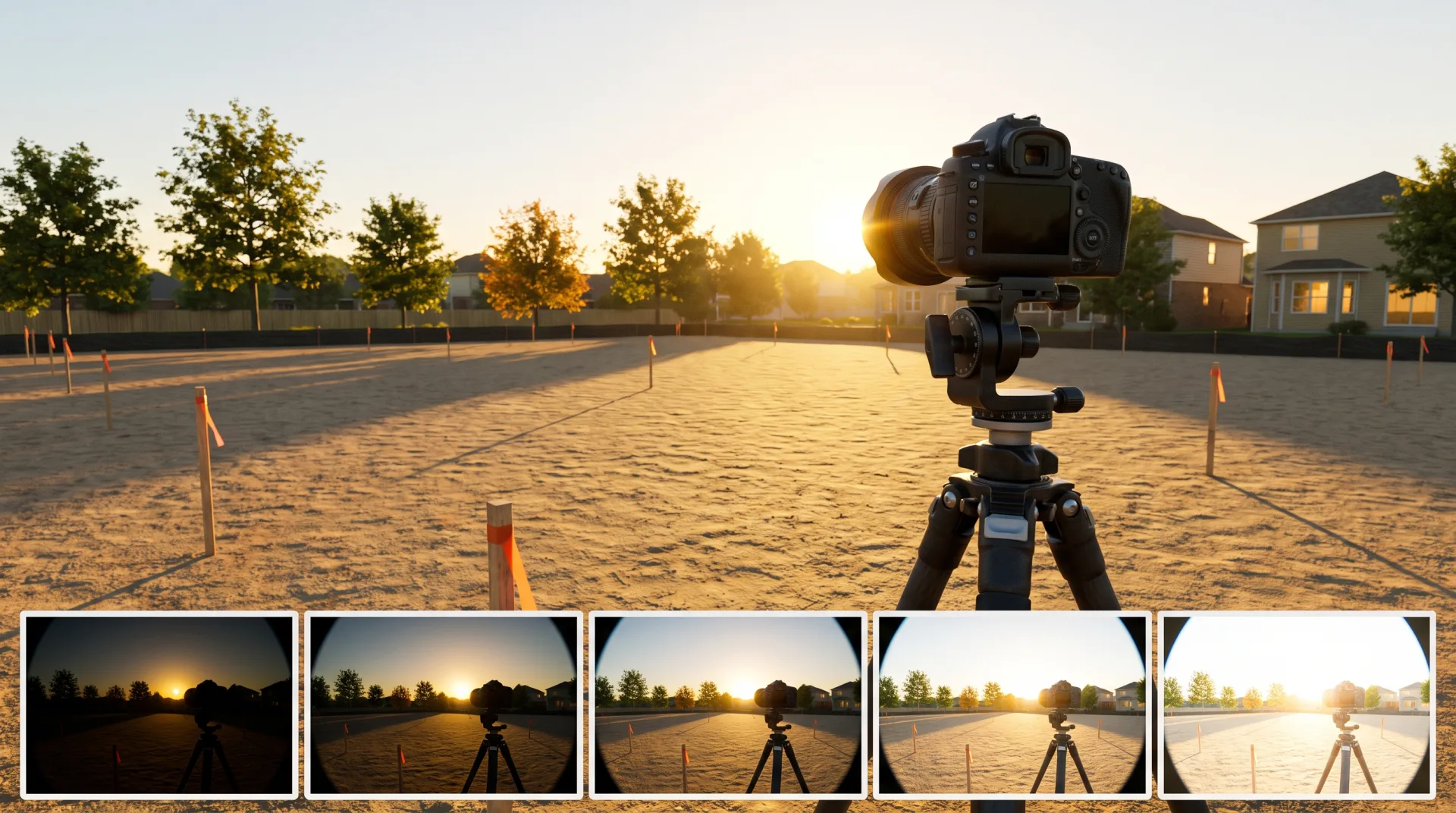A camera with a fisheye lens on a panoramic tripod head on an empty building plot at golden hour, with a strip of five exposures from very dark to very bright below.