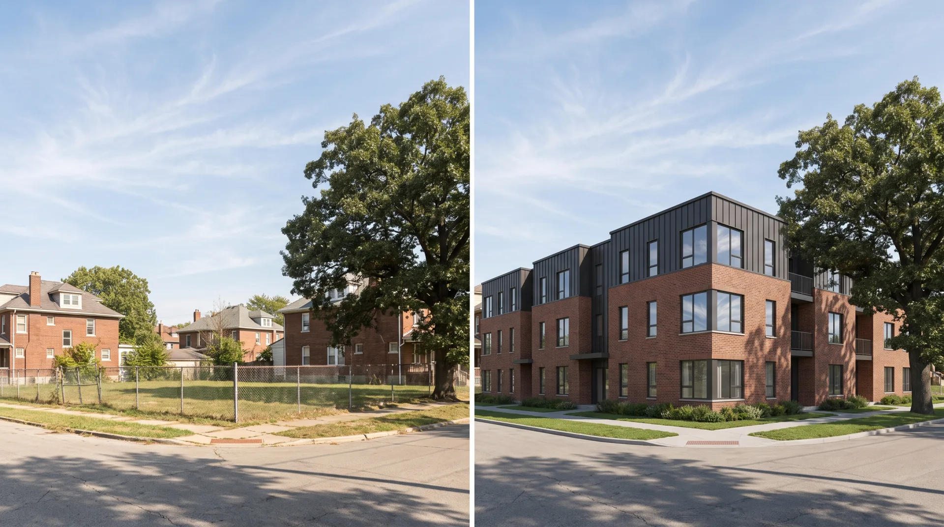 A real photo of an empty corner lot beside the same view with a new brick apartment building rendered in, its shadows matching the photo's sun.