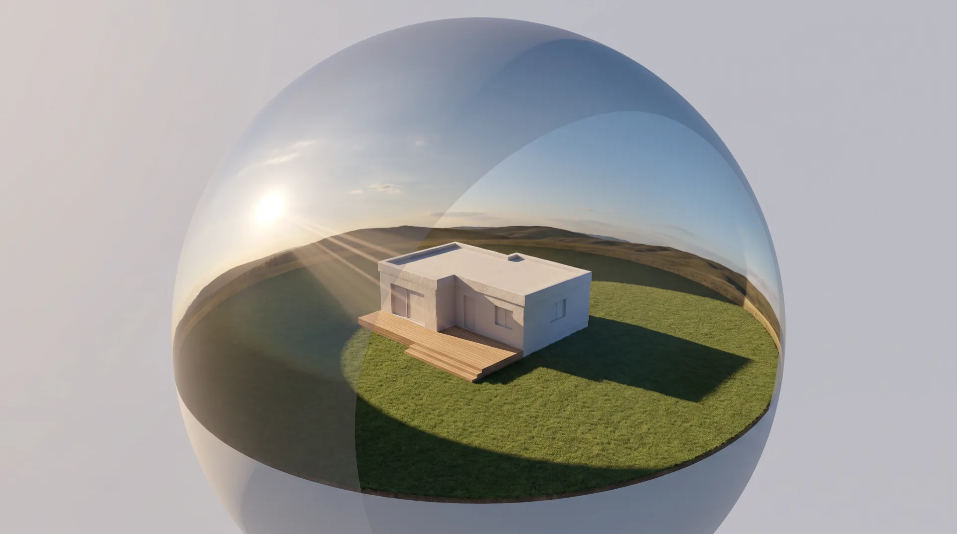 A small white house model at the center of a cut-away sphere lined with a sky panorama, the low sun on the sphere casting the house's shadow.