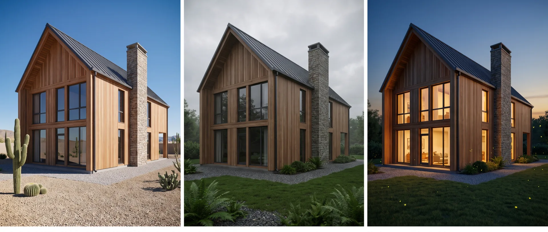The same cedar and glass house three times: under hard desert noon sun, under a soft gray overcast sky, and at blue dusk with warm lit windows.