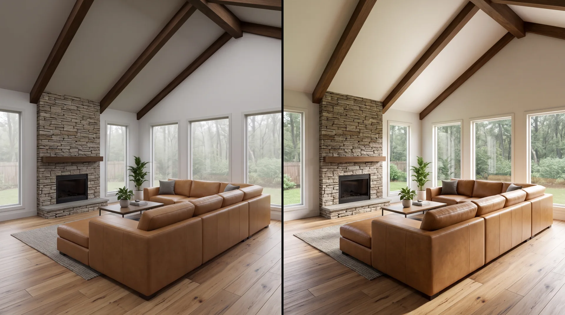 A family room with a stone fireplace split in two: the real-time half is flatter with a darker ceiling; the path-traced half has richer daylight, crisp contact shadows and realistic leather.