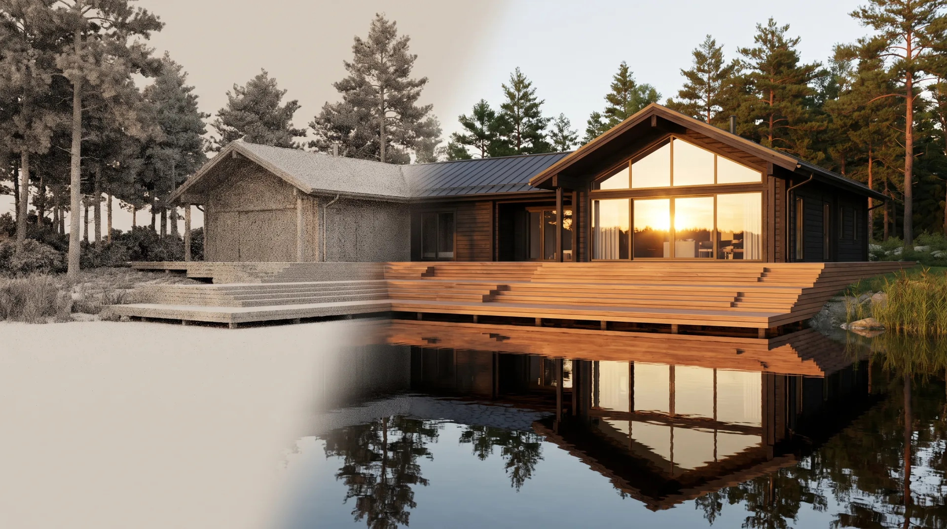 A timber lake house at golden hour, mostly rendered clean but with the left third still grainy, as a render looks while it is being calculated.