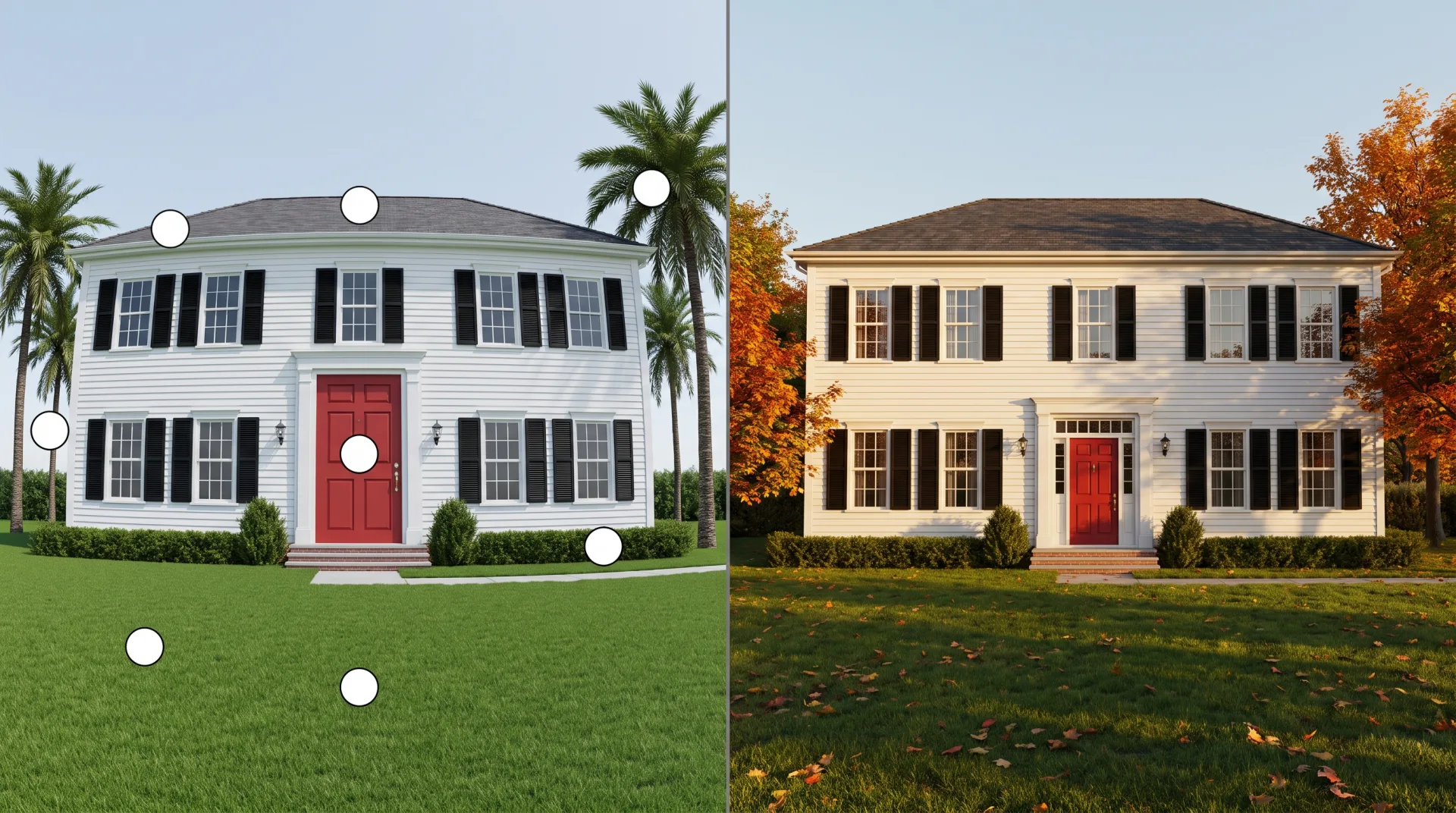A colonial house shown twice: on the left with a giant door, fisheye distortion, a spotless lawn, flat noon light and palm trees, each marked; on the right corrected with true scale, an eye-level camera, natural lawn, low autumn sun and maples.