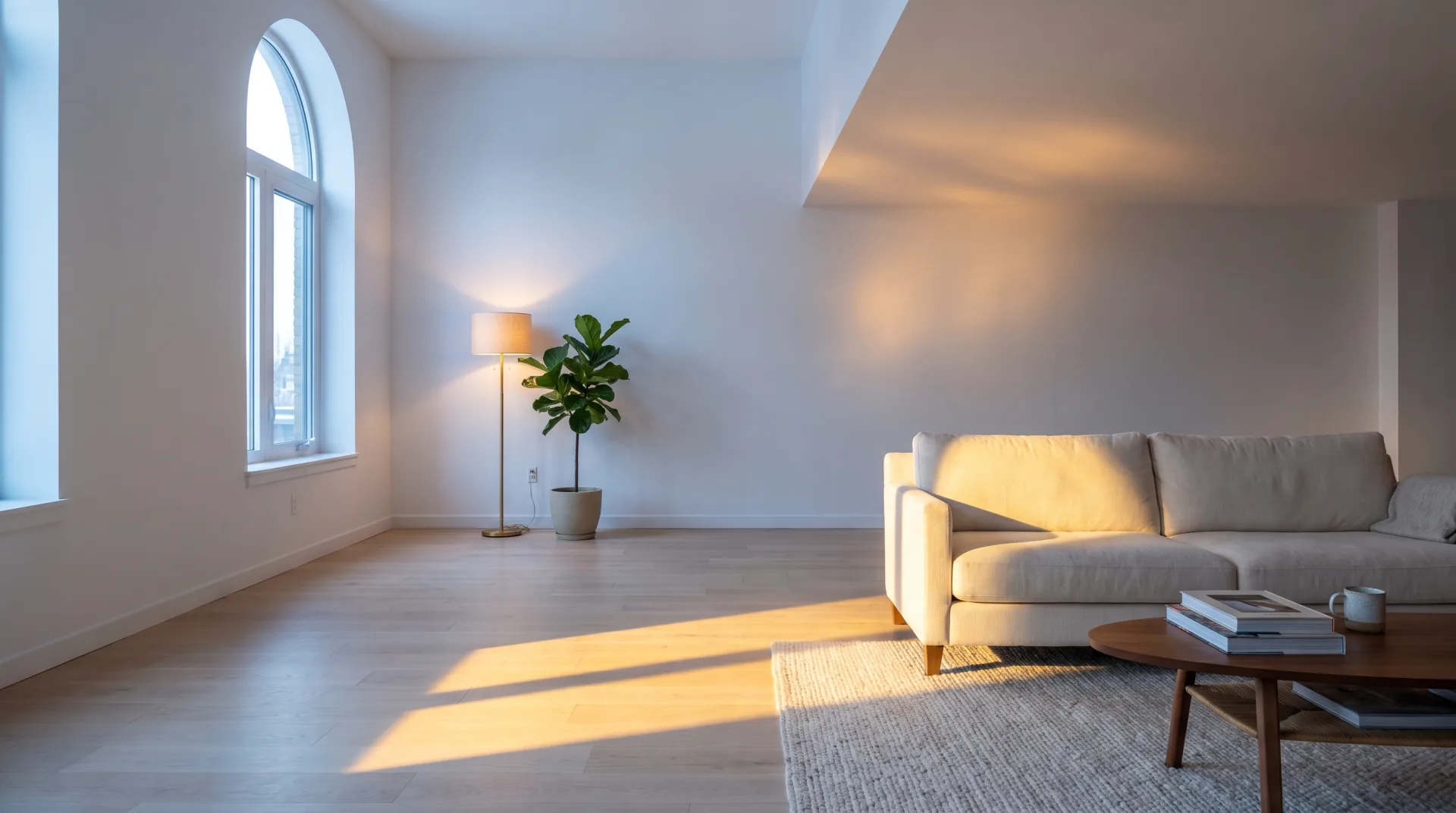 A living room lit by a hard sun patch on the oak floor, soft window light, a glowing floor lamp in the corner and warm bounced light on the ceiling.