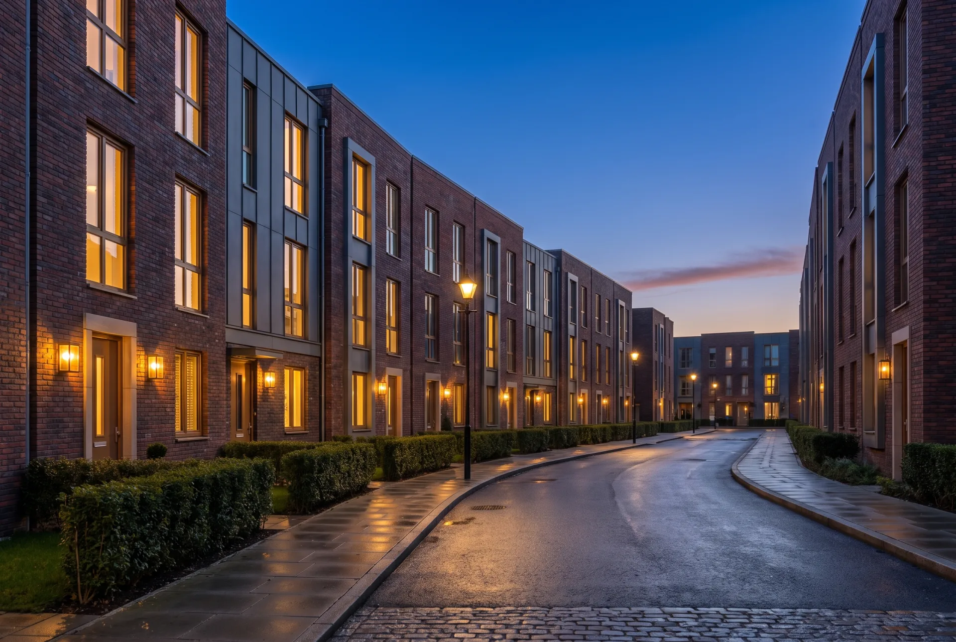 A curving street of new brick and metal townhouses at blue hour, with warm lit windows, door lanterns and streetlights against a deep blue sky.