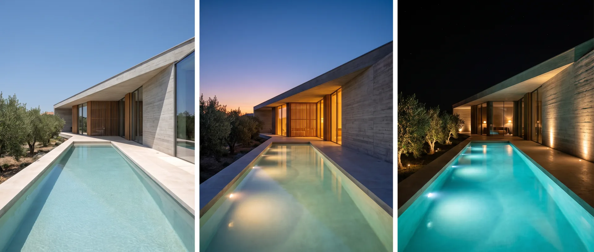 The same concrete villa with a long pool three times: in bright midday sun, at dusk with warm glowing windows, and at night with uplit walls and a lit pool.