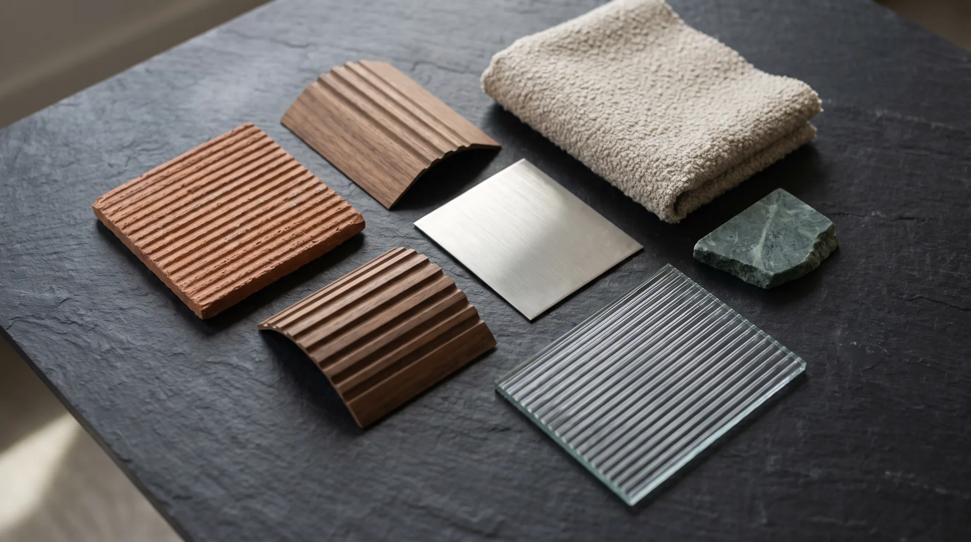 Real material samples on a dark table, terracotta tile, walnut veneer, brushed steel, boucle fabric, green marble and reeded glass, each catching side light differently.